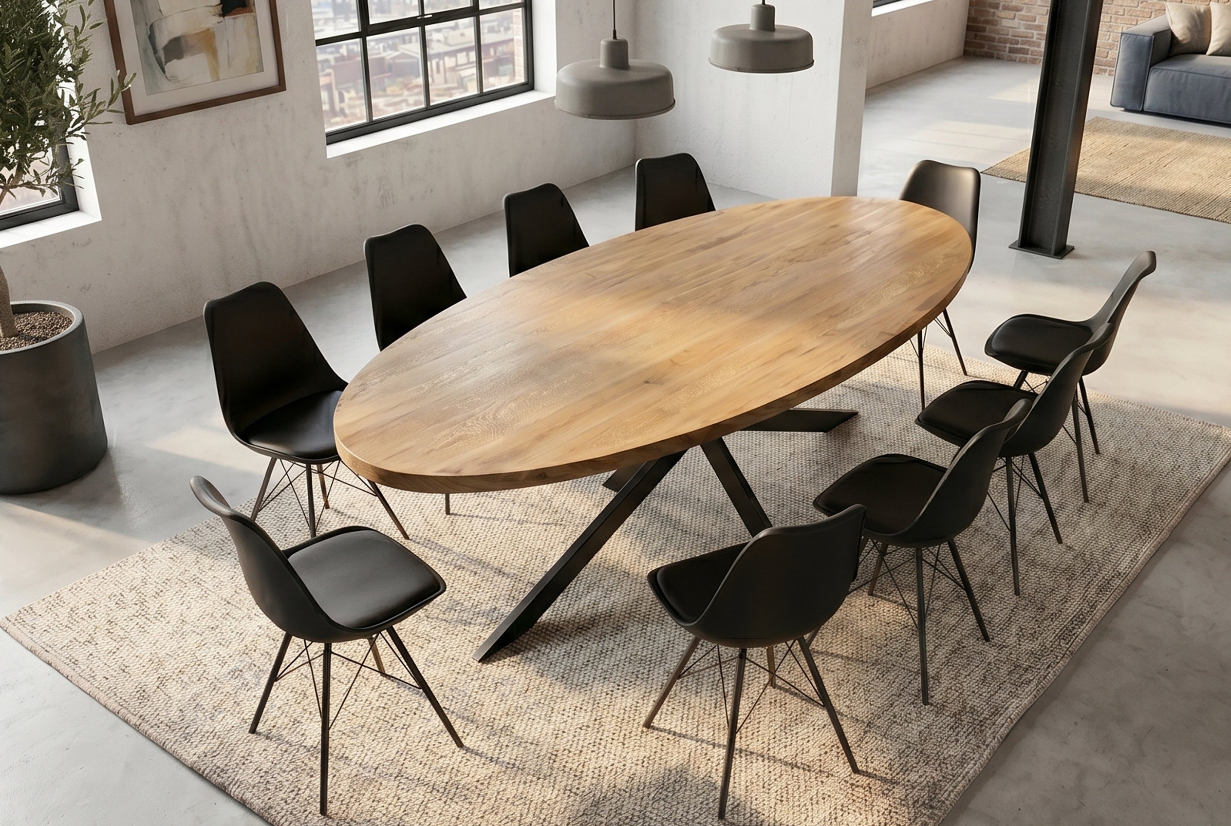 Table à manger massive GALAXIE 240cm bois de manguier marron ovale structure étoile en fer noir