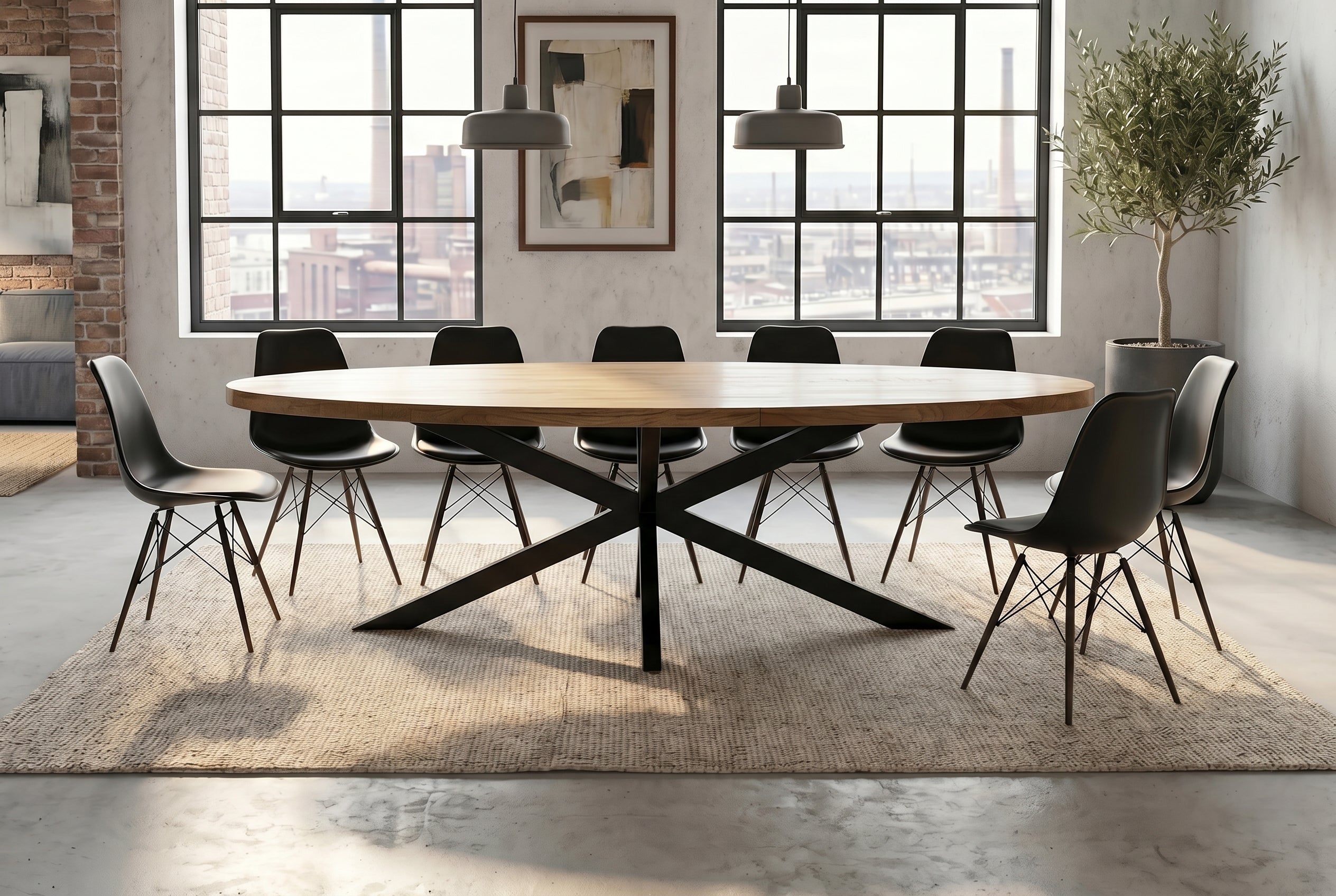 Table à manger massive GALAXIE 240cm bois de manguier marron ovale structure étoile en fer noir