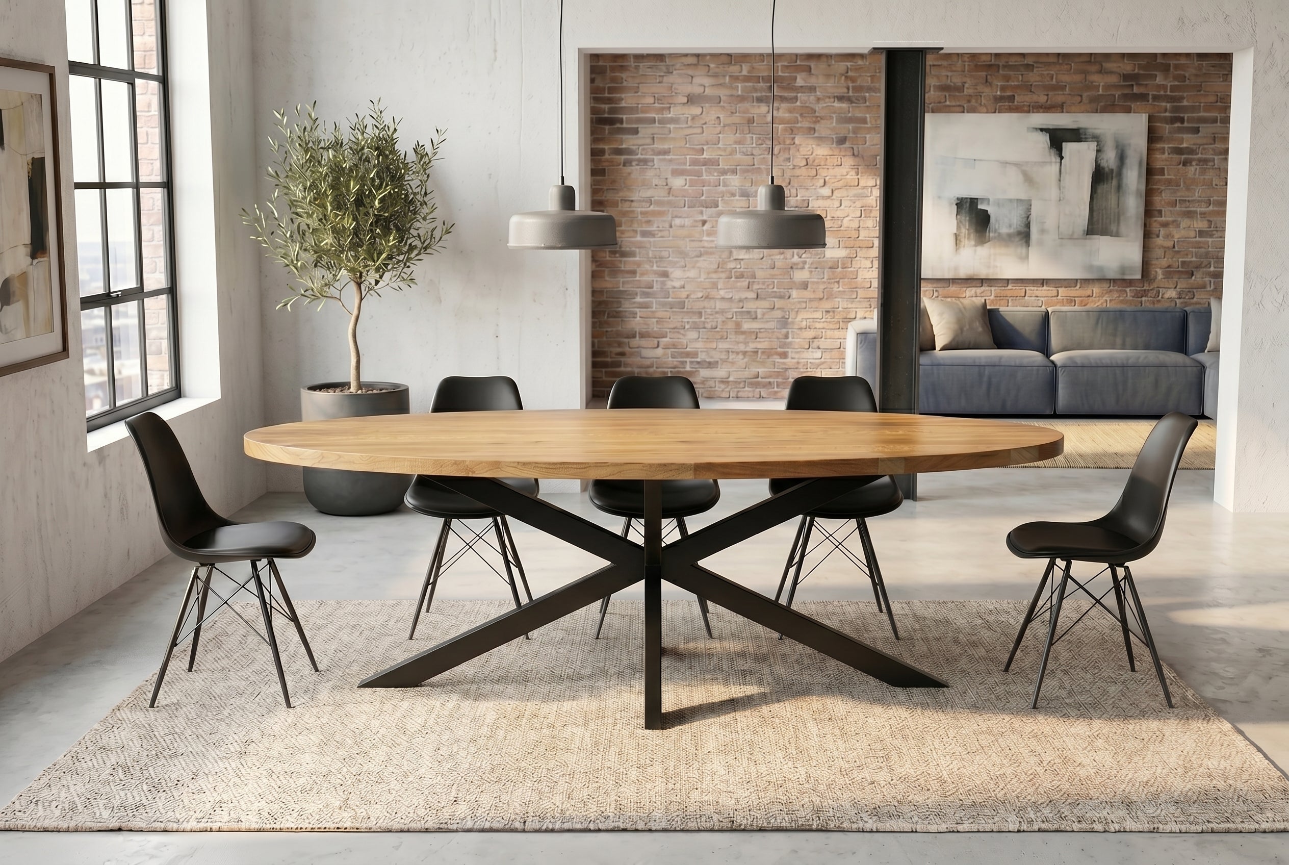 Table à manger massive GALAXIE 240cm bois de manguier marron ovale structure étoile en fer noir
