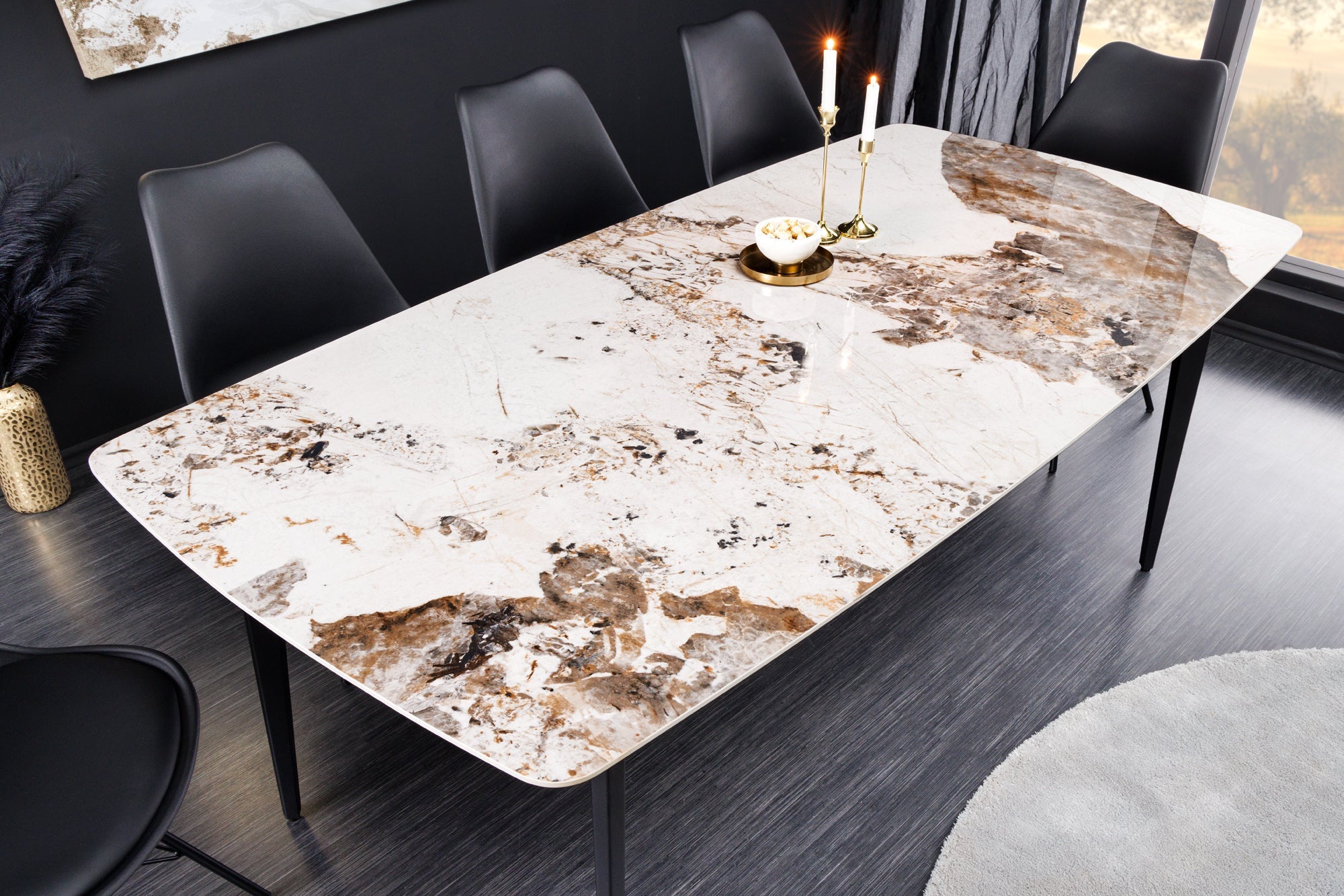 Table à manger MILANO 160cm céramique Pandora blanche structure métal noir