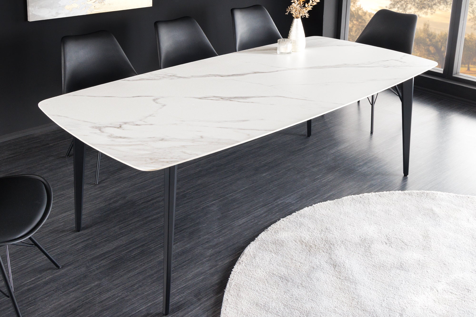 Mesa de comedor MILANO 180 cm cerámica mármol blanco estructura de metal negro