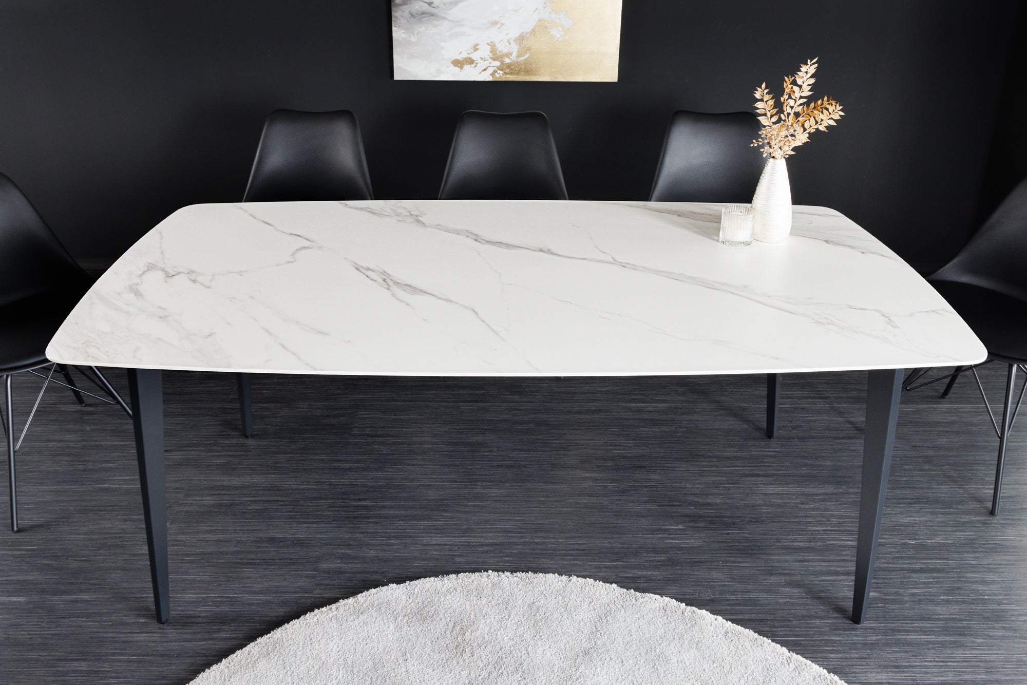 Mesa de comedor MILANO 180 cm cerámica mármol blanco estructura de metal negro