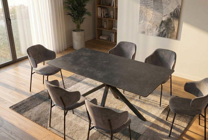 Table à manger moderne GALAXIE 160cm céramique anthracite structure étoile métal noir