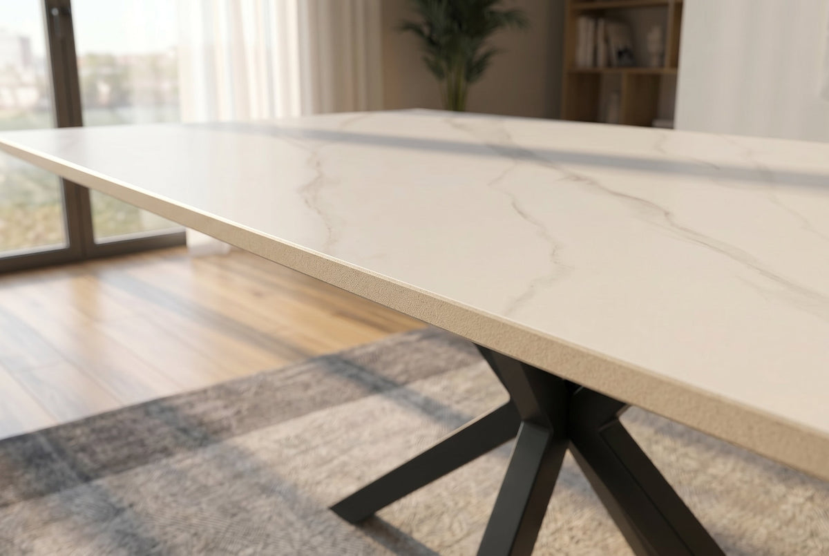 Table à manger moderne GALAXIE 160cm céramique blanche structure étoile métal noir