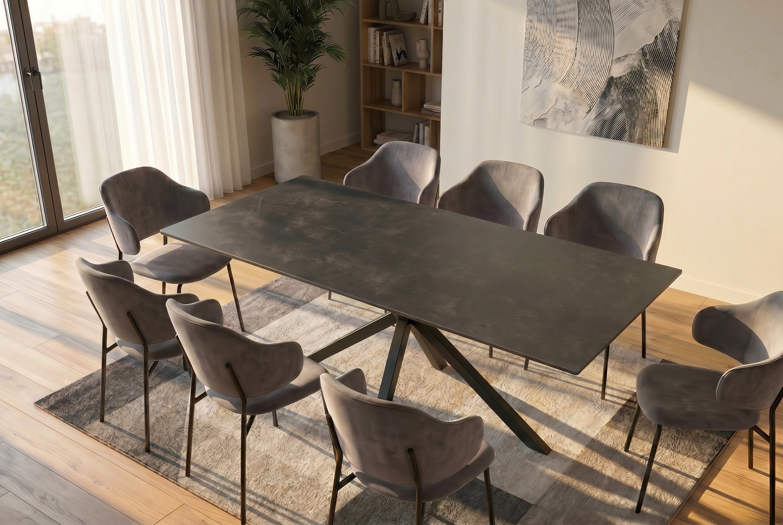 Table à manger moderne GALAXIE 180cm céramique anthracite structure étoile métal noir