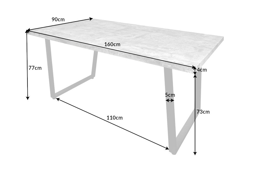 Table à manger moderne LOFT 160cm béton gris design pieds métal noir piètement luge industriel