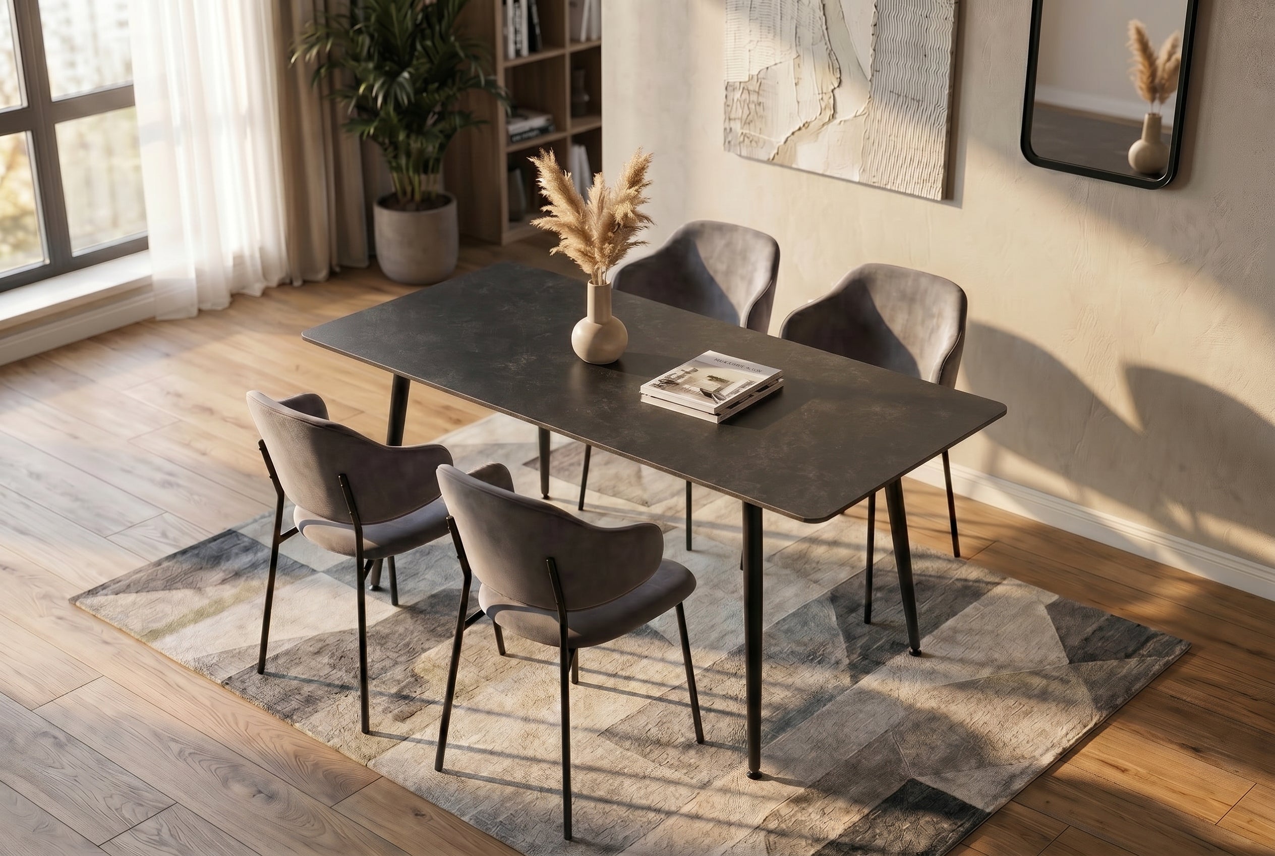 Table à manger moderne MILANO 140cm céramique anthracite pieds métal noir