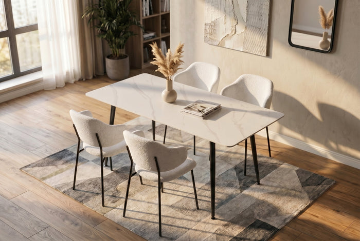 Table à manger moderne MILANO 140cm céramique blanche pieds métal noir