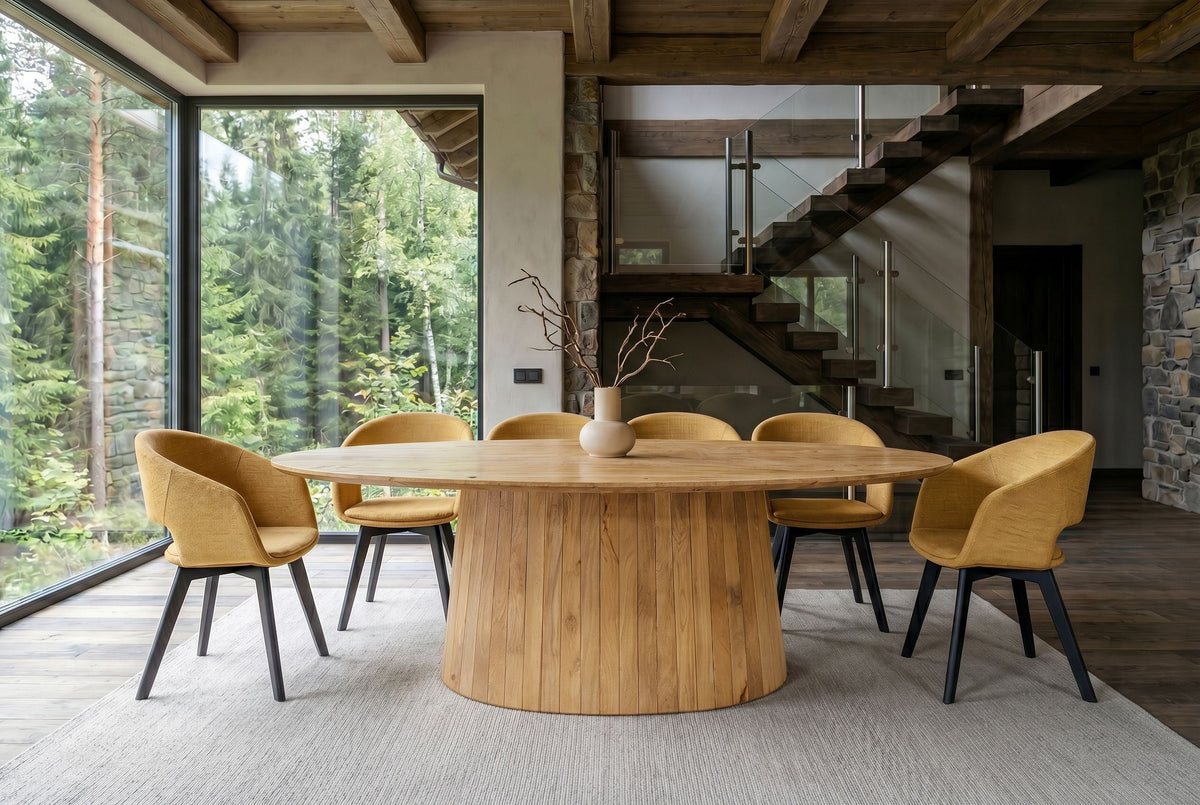 Table à manger ovale ART DECO 220cm en manguier massif beige finition crème avec piètement colonne