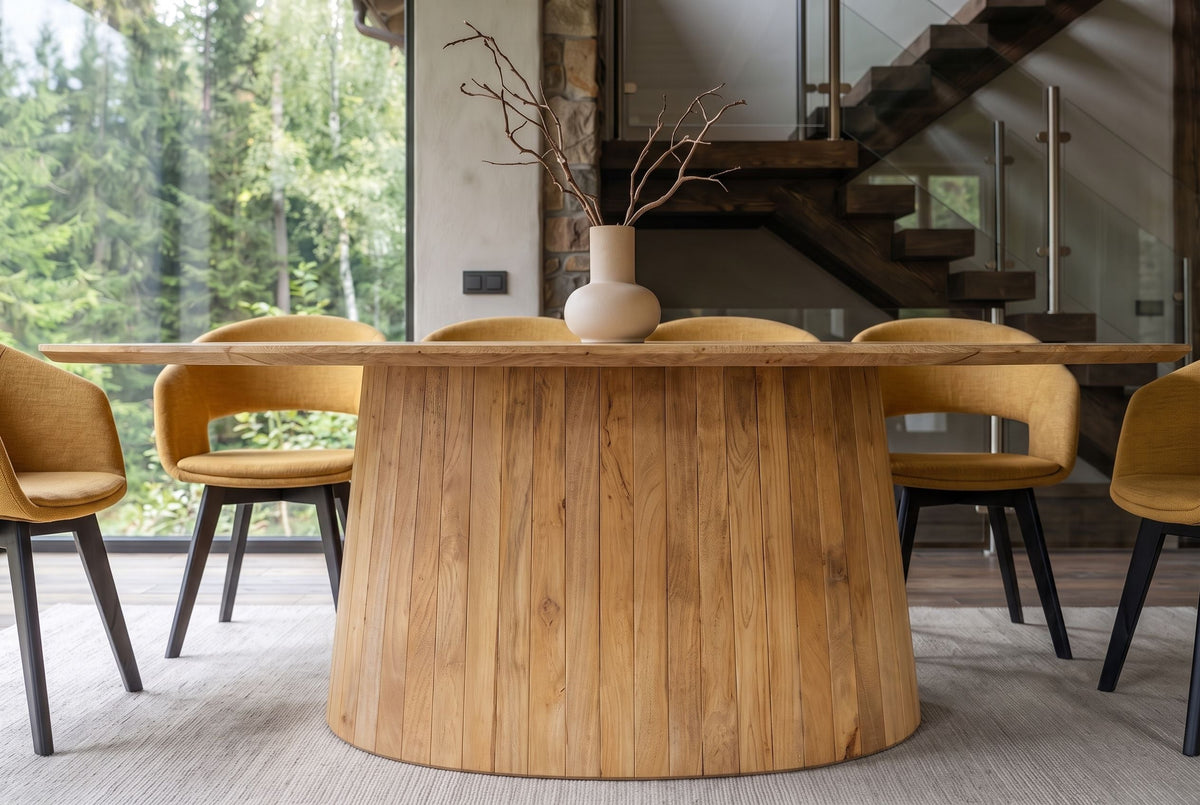 Table à manger ovale ART DECO 220cm en manguier massif beige finition crème avec piètement colonne