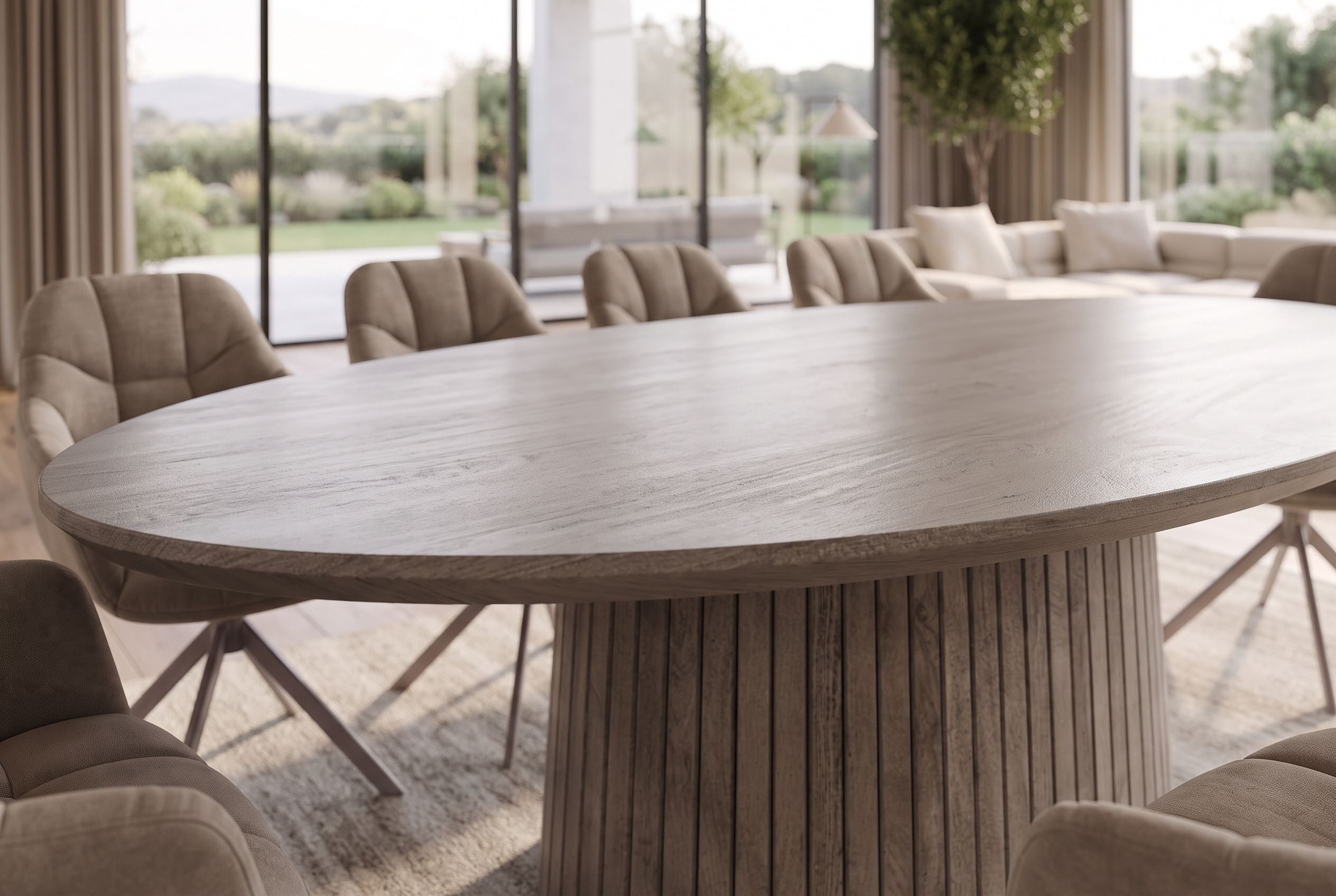 Table à manger ovale ART DECO 220cm en manguier massif gris fumé avec piètement colonne