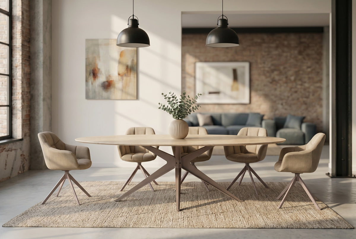 Table à manger ovale SCULPTURE 220cm céramique travertin naturel métal grège champagne
