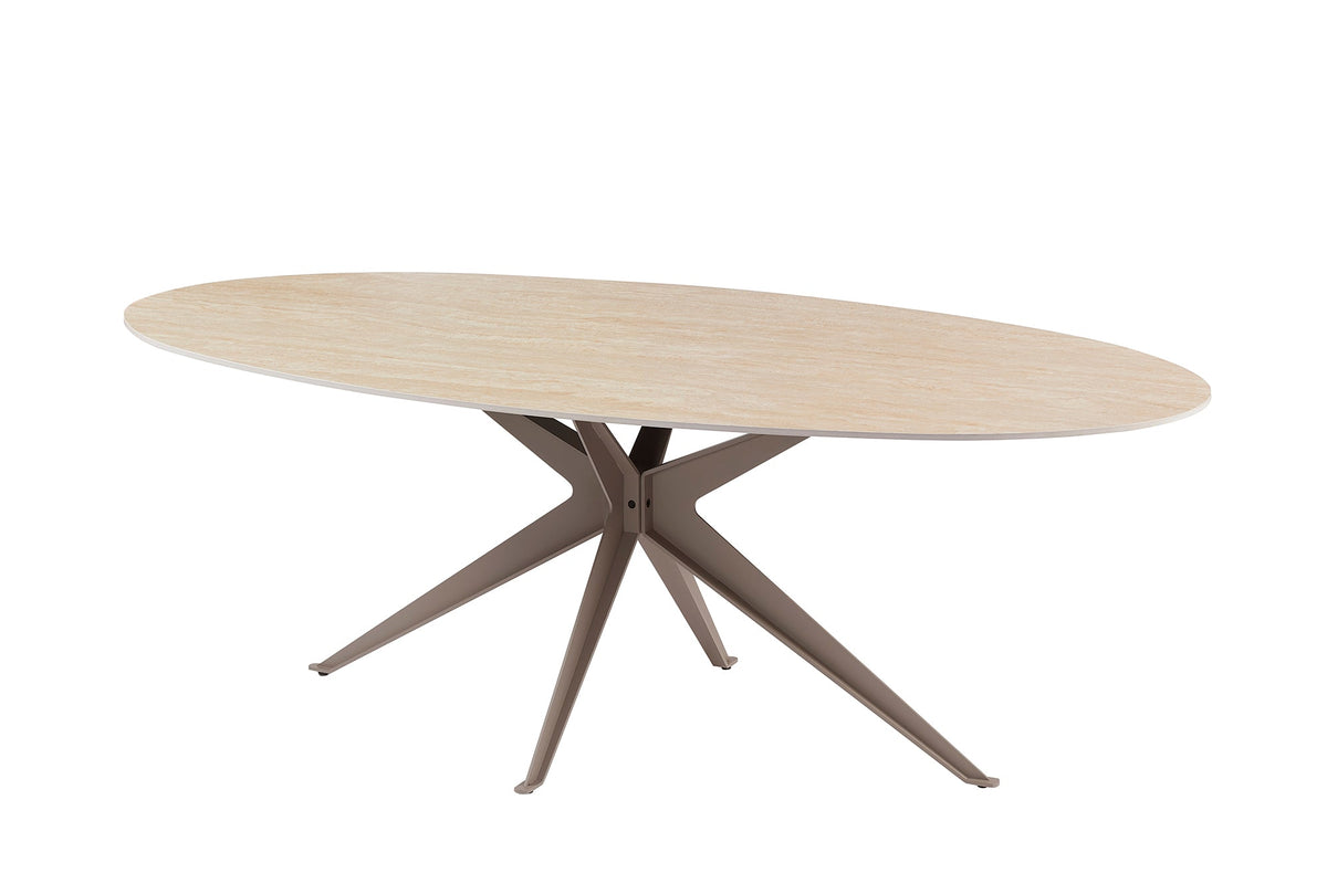 Table à manger ovale SCULPTURE 220cm céramique travertin naturel métal grège champagne