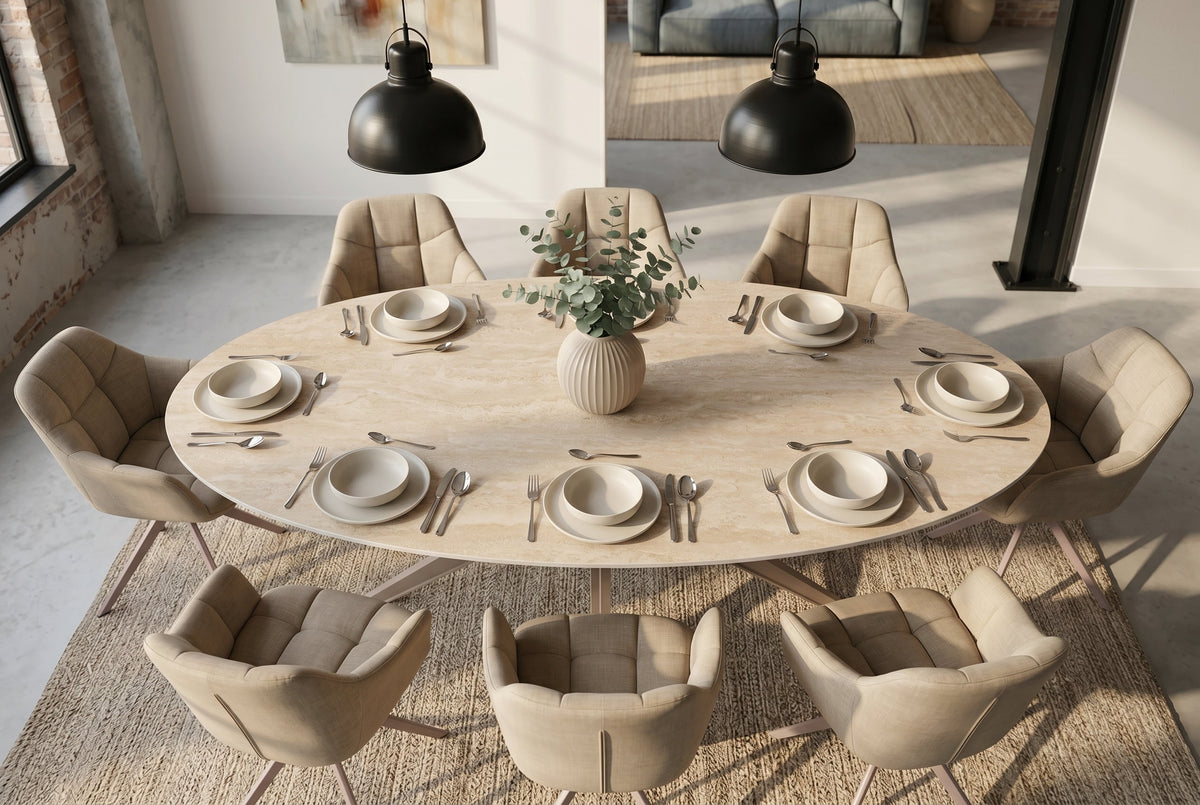 Table à manger ovale SCULPTURE 220cm céramique travertin naturel métal grège champagne