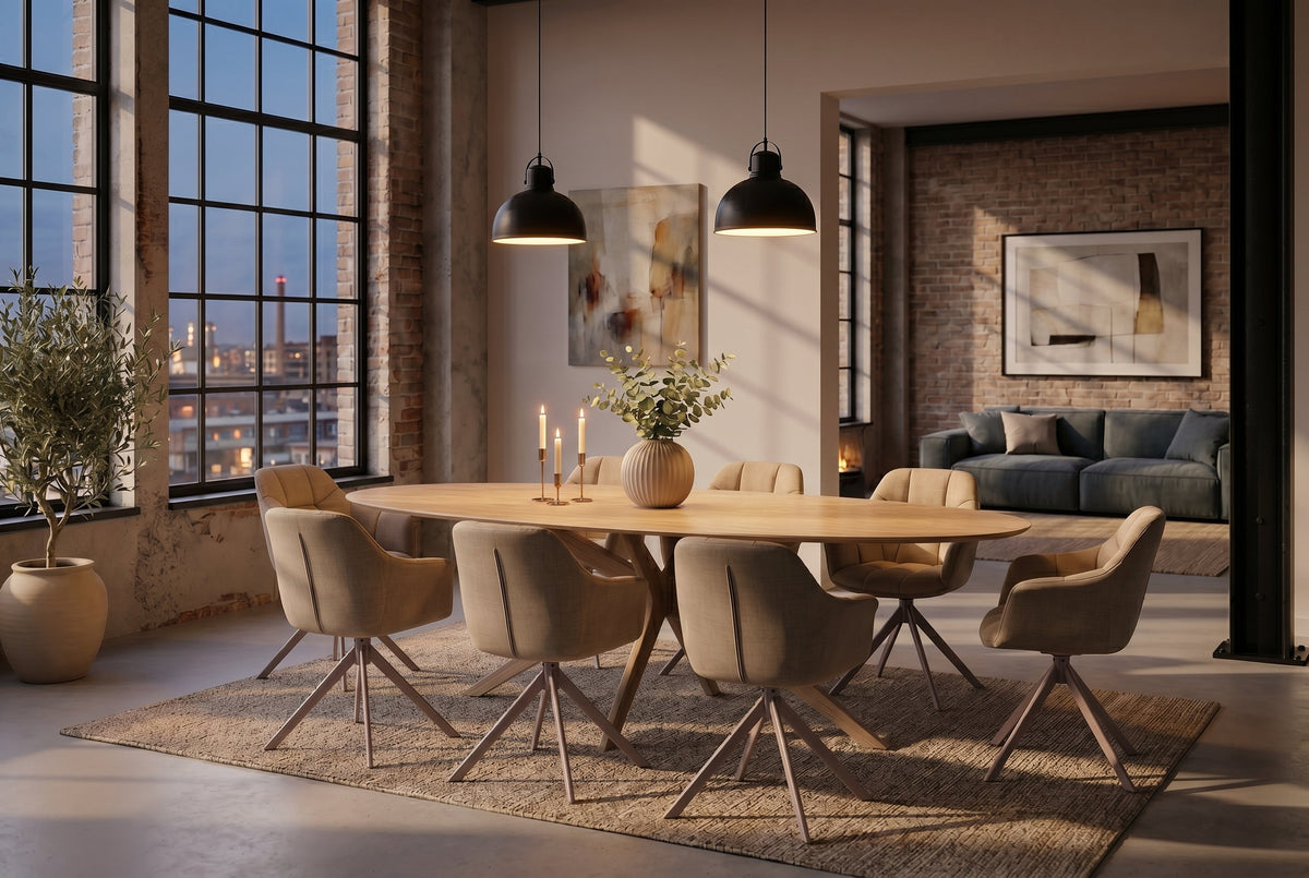 Table à manger ovale SCULPTURE 220cm céramique travertin naturel métal grège champagne