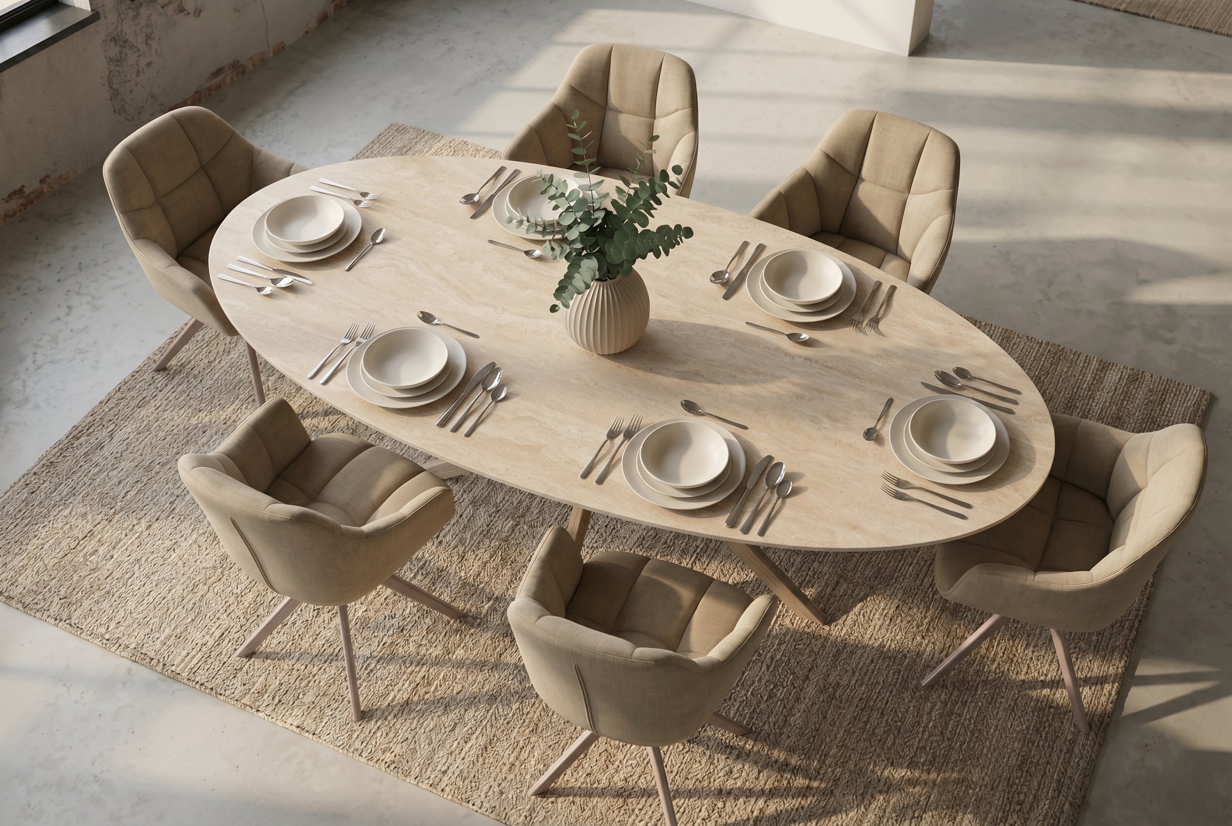 Table à manger ovale SCULPTURE 220cm céramique travertin naturel métal grège champagne