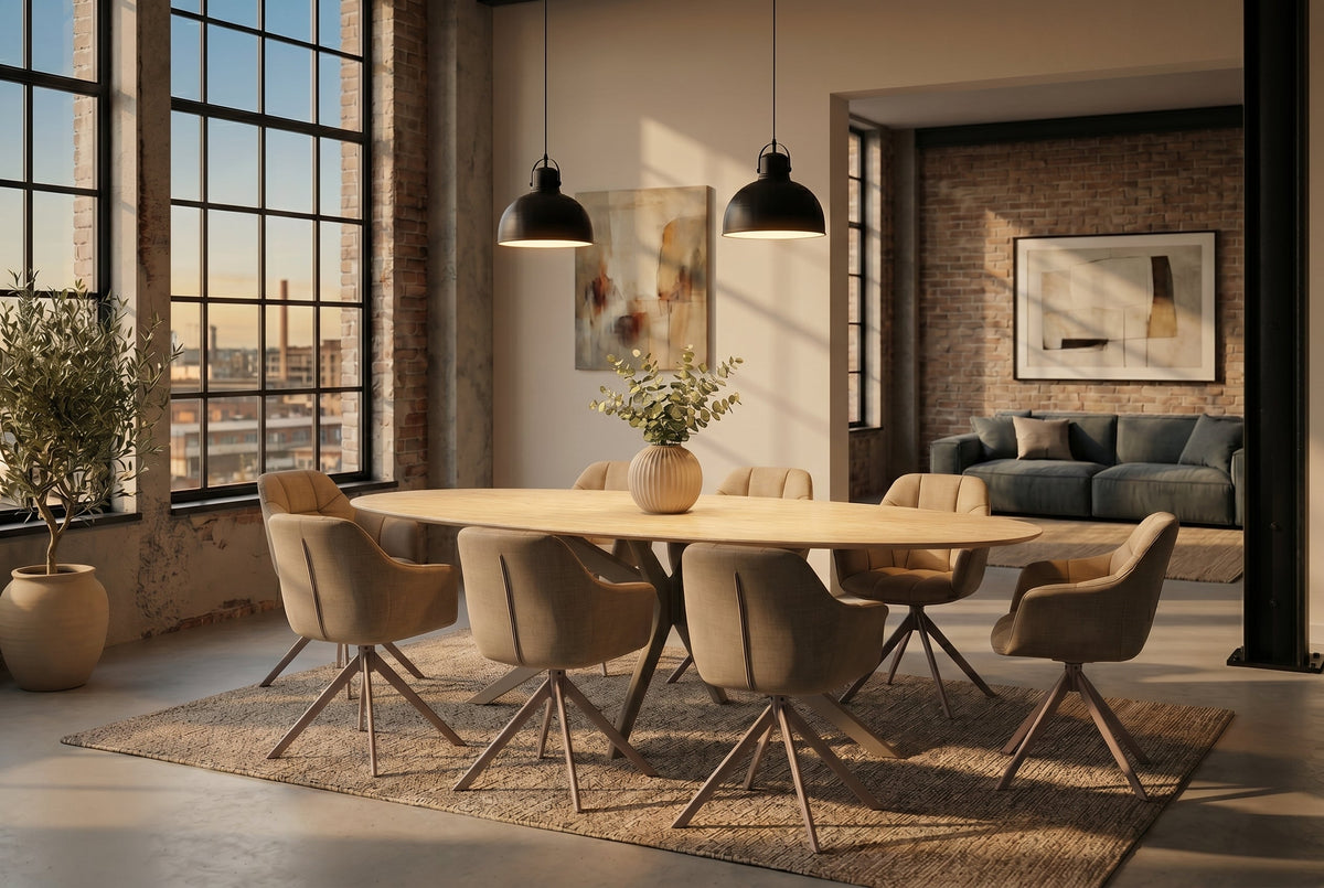 Table à manger ovale SCULPTURE 220cm céramique travertin naturel métal grège champagne