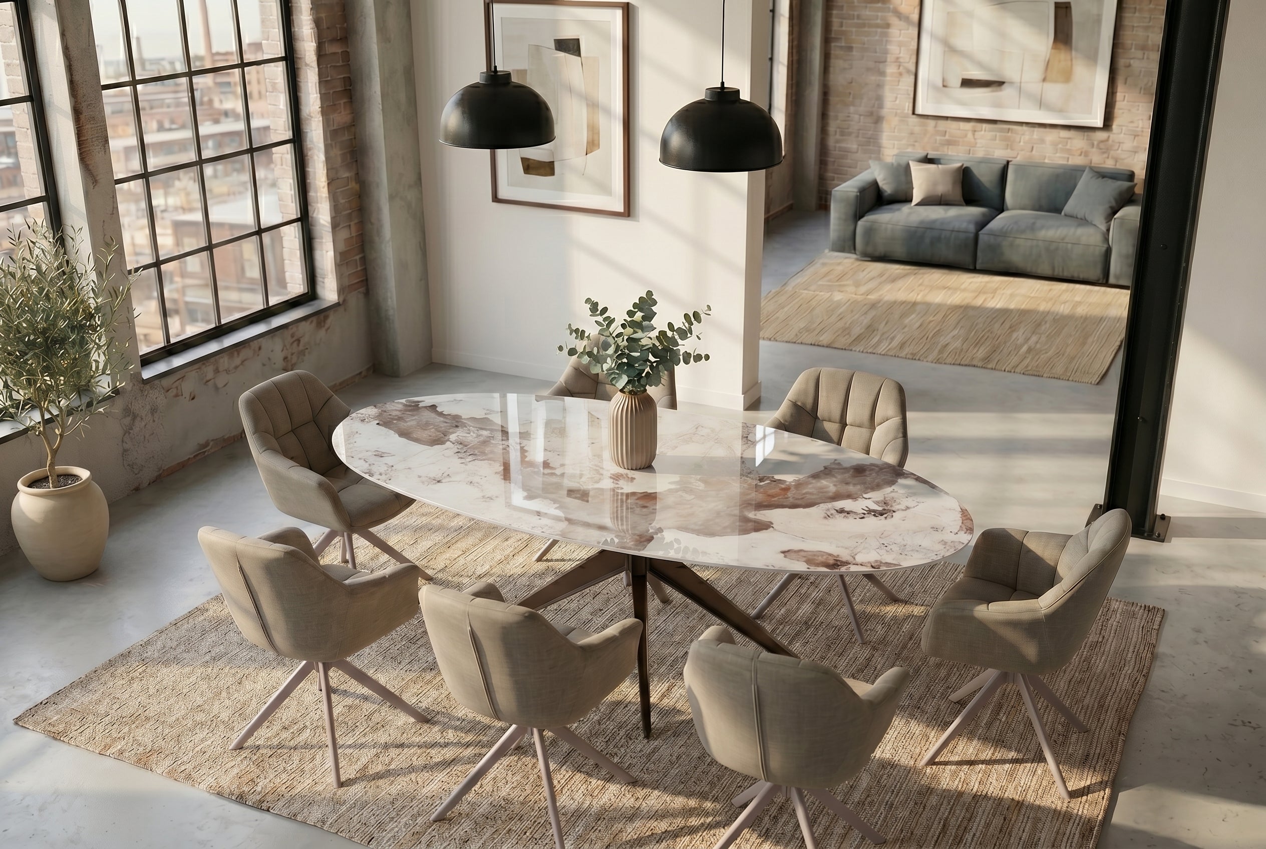 Table à manger ovale SCULPTURE 220cm marron blanc Pandora céramique cadre étoile bronze
