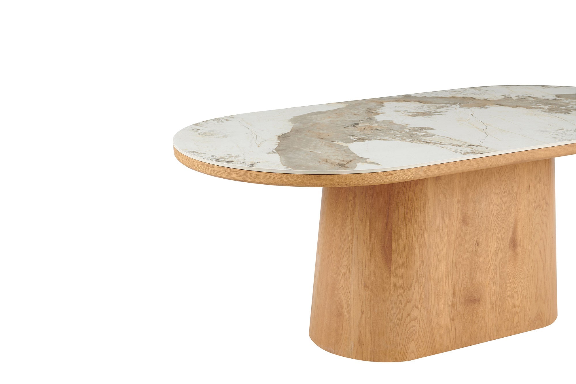 Table à manger ovale UNIQUE 200cm blanc marron céramique piètement pilier noyer