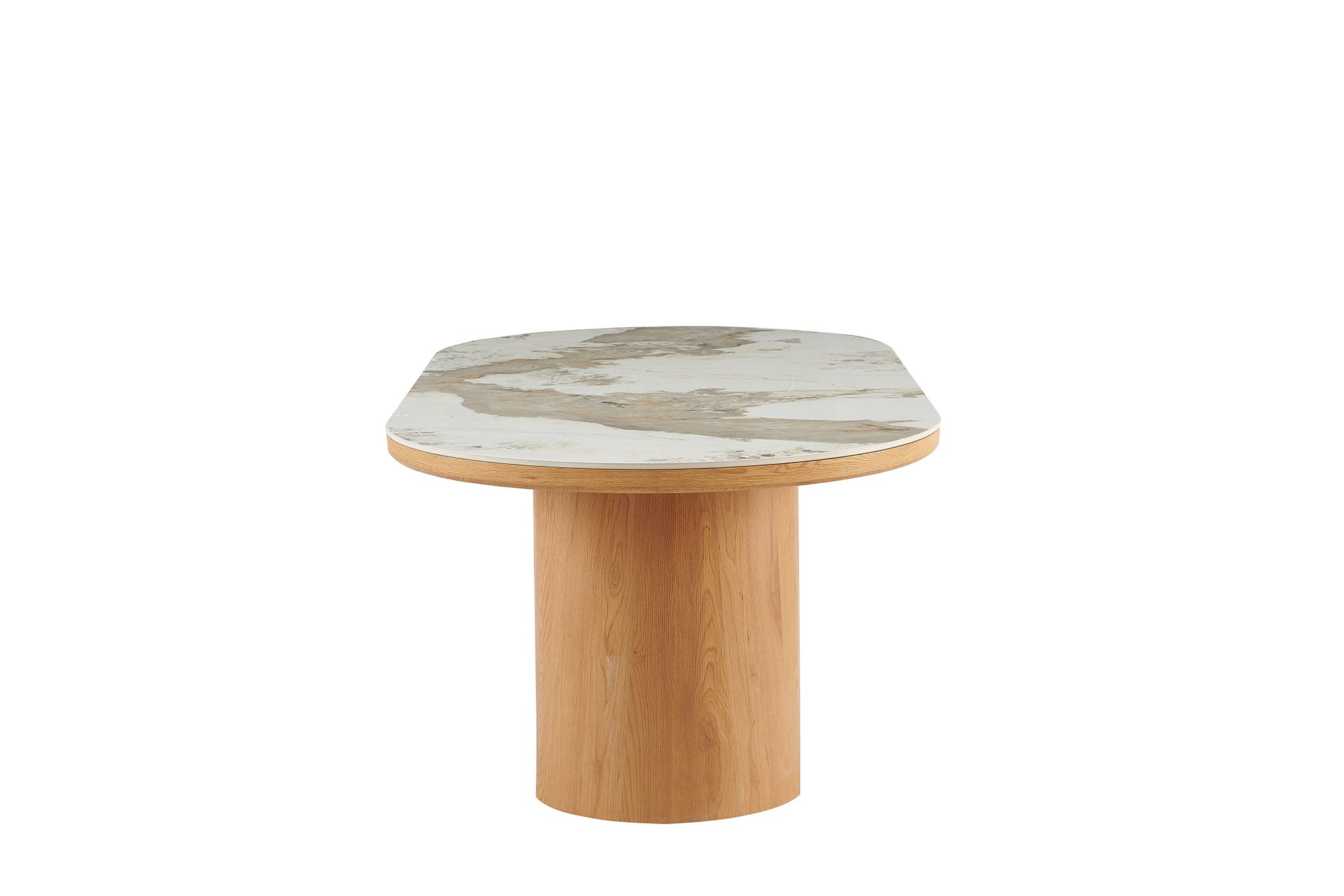 Table à manger ovale UNIQUE 200cm blanc marron céramique piètement pilier noyer