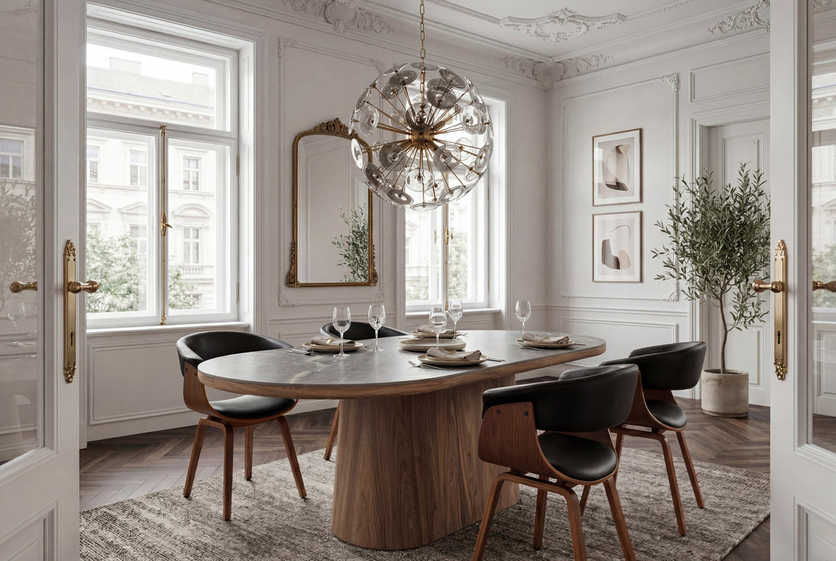 Table à manger ovale UNIQUE 200cm gris marron céramique piètement noyer