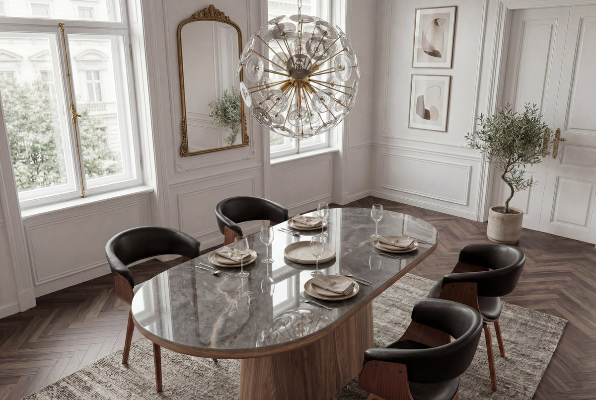 Table à manger ovale UNIQUE 200cm gris marron céramique piètement noyer