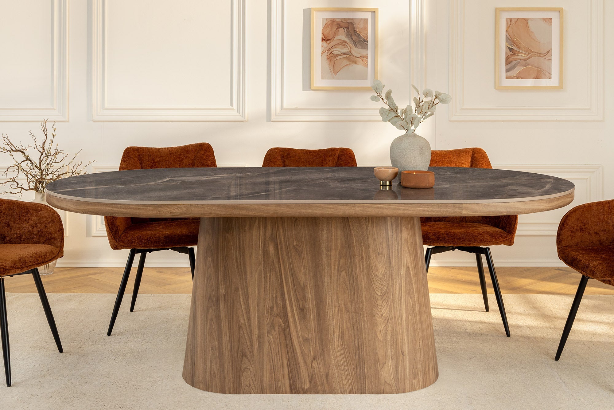 Table à manger ovale UNIQUE 200cm gris marron céramique piétement noyer