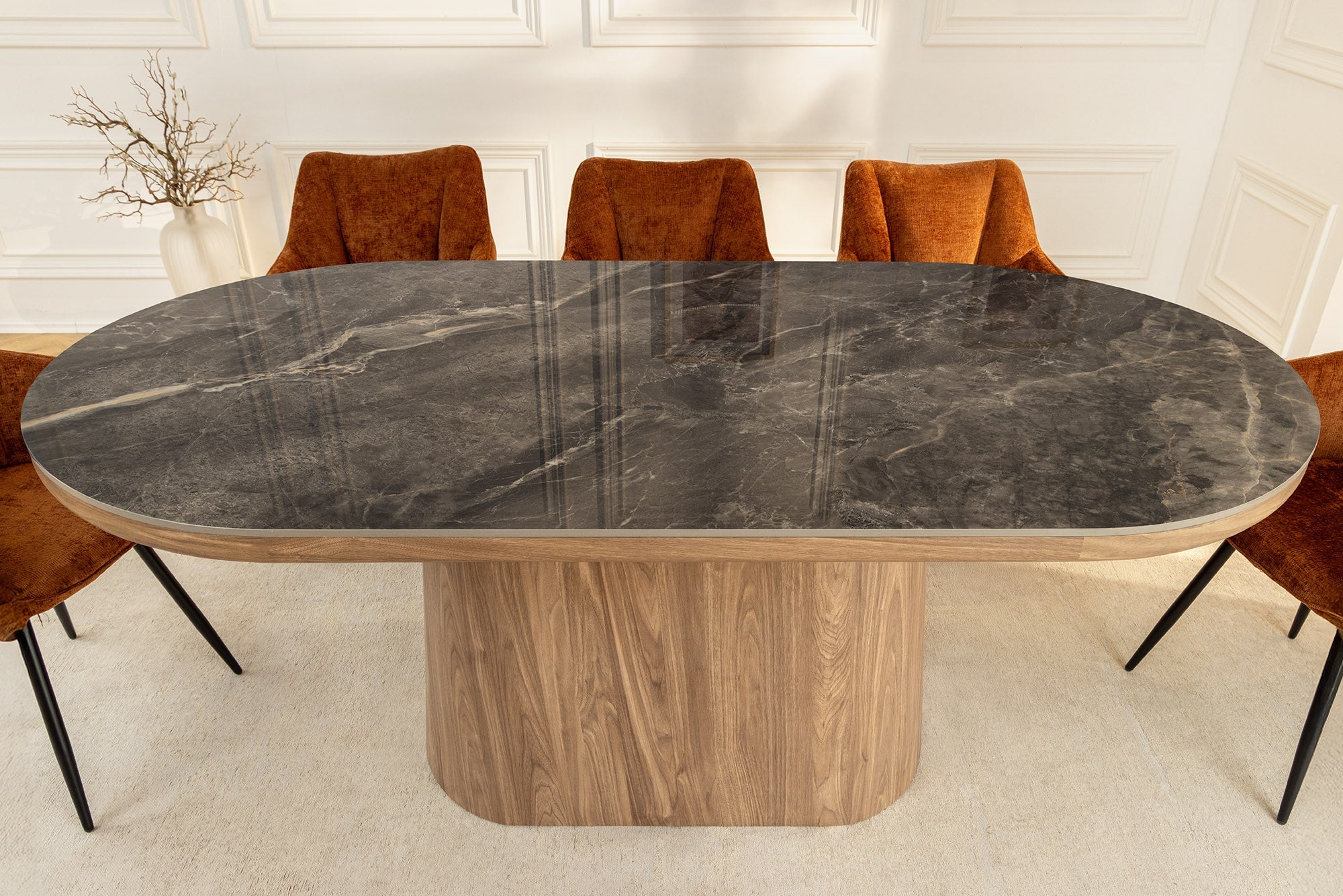 Table à manger ovale UNIQUE 200cm gris marron céramique piétement noyer