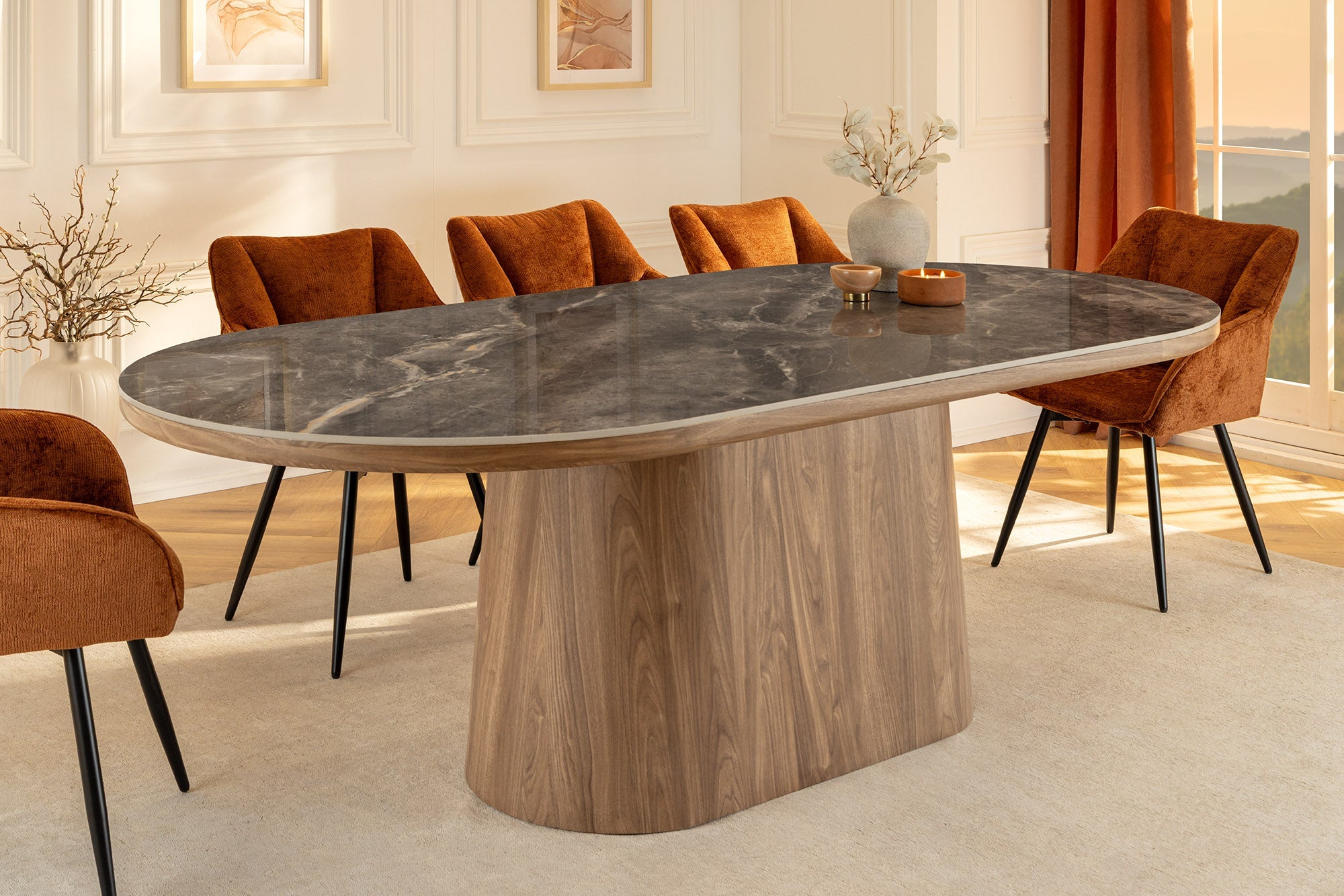 Table à manger ovale UNIQUE 200cm gris marron céramique piétement noyer