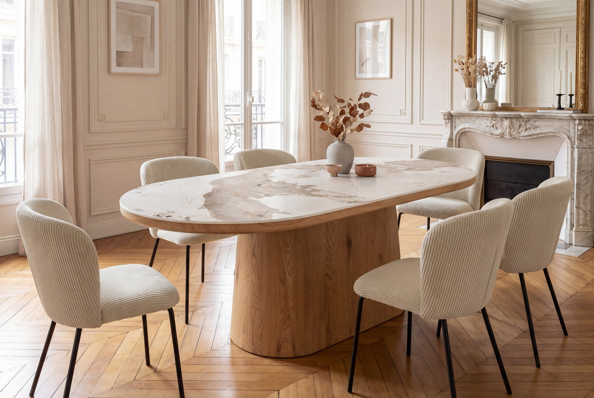 Table à manger ovale UNIQUE 200cm piètement pilier chêne céramique naturelle blanche