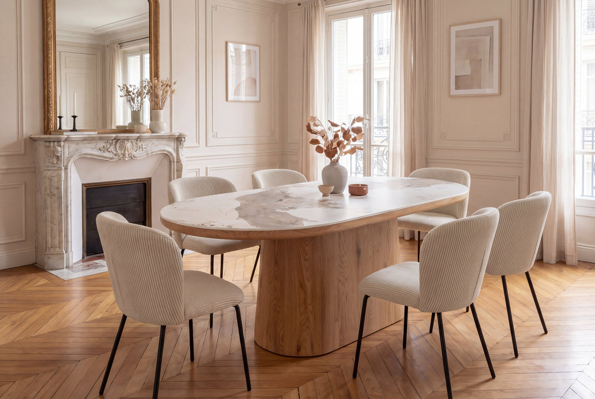 Table à manger ovale UNIQUE 200cm piètement pilier chêne céramique naturelle blanche