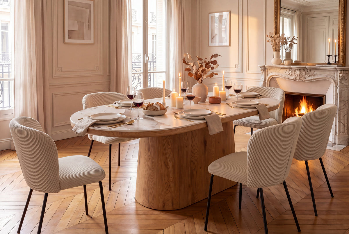 Table à manger ovale UNIQUE 200cm piètement pilier chêne céramique naturelle blanche