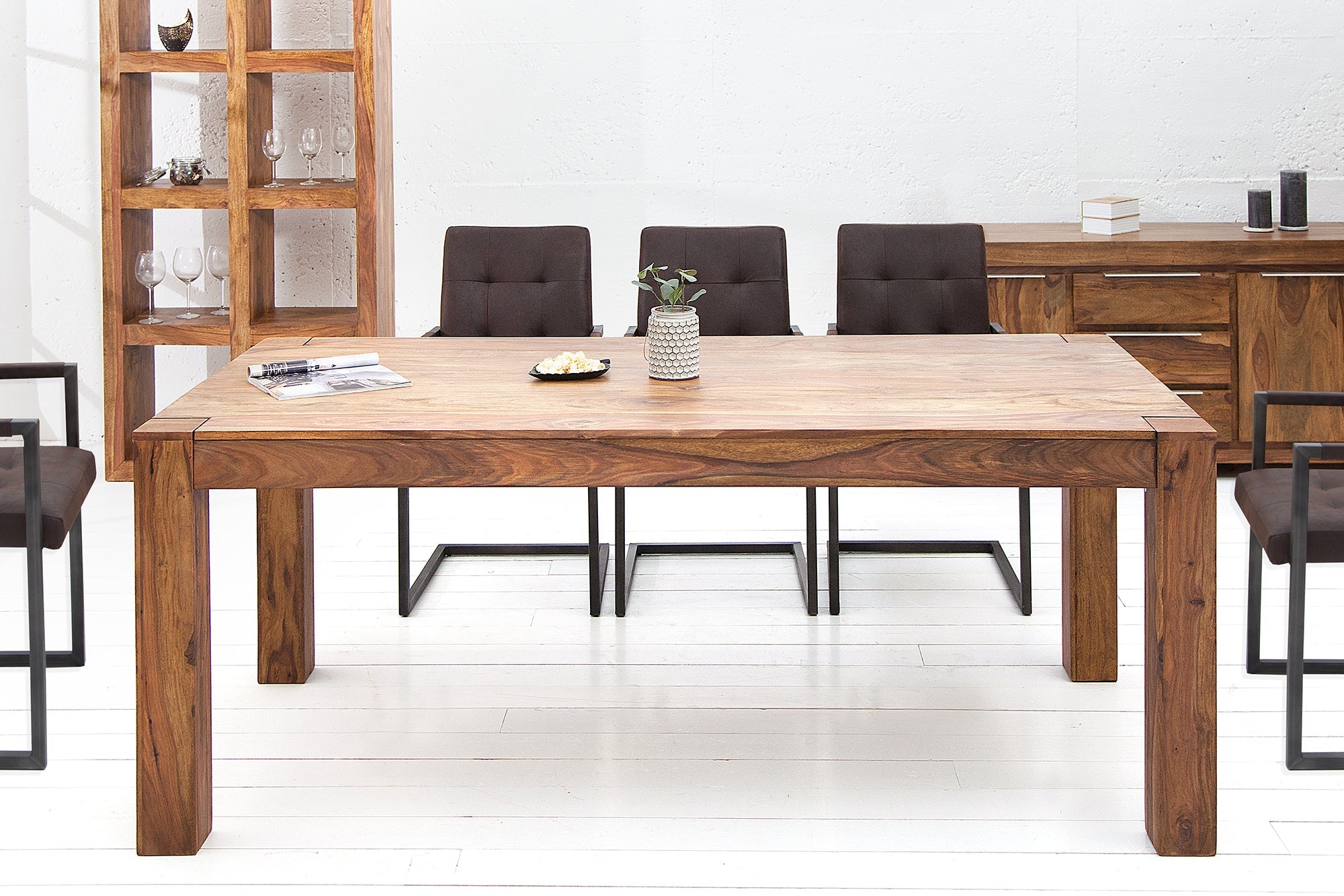 MAKASSAR Mesa de comedor rectangular de madera maciza de 200 cm, acabado piedra Sheesham marrón, patas de madera