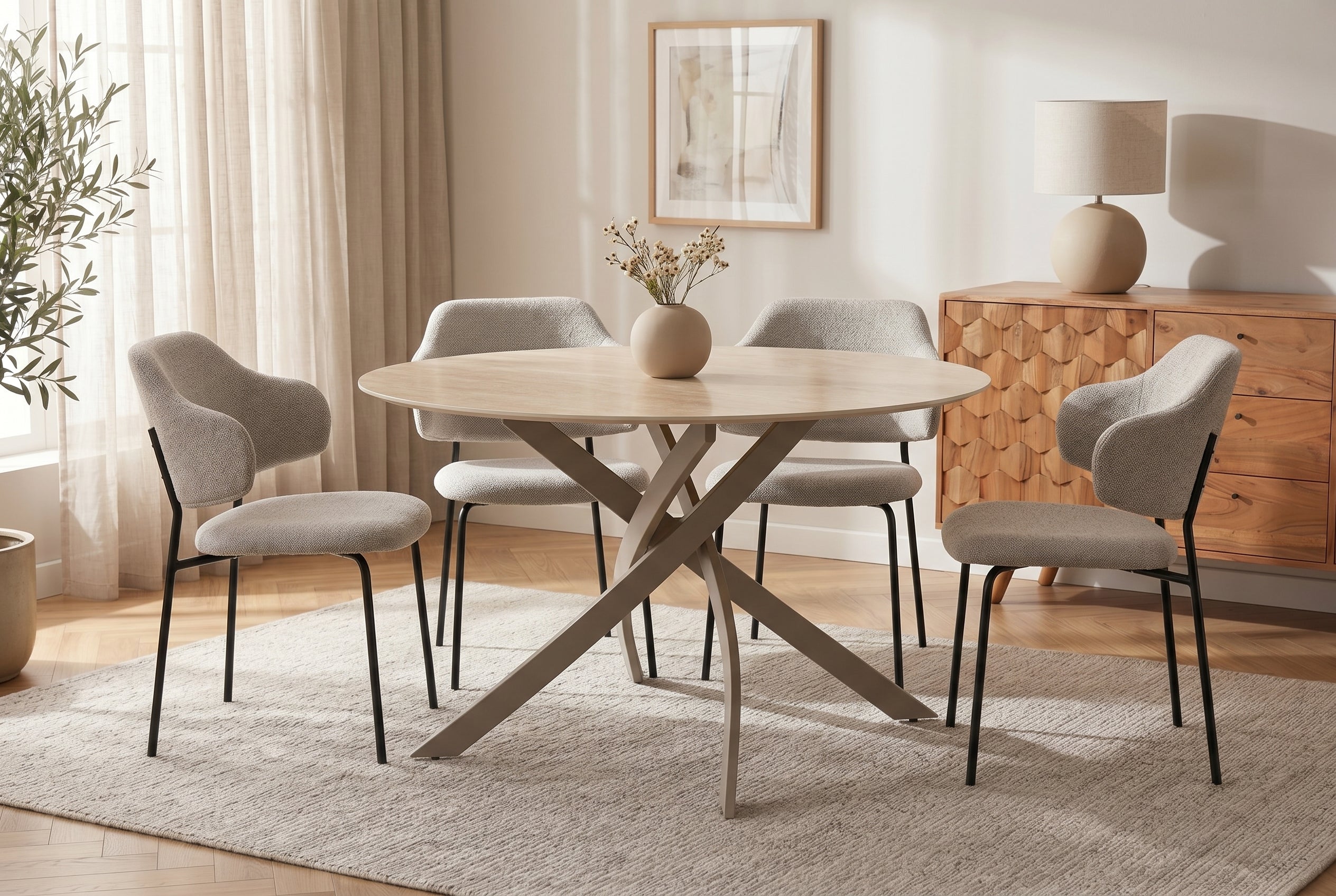 Table à manger ronde ALPINE 120cm céramique travertin naturel métal grège champagne