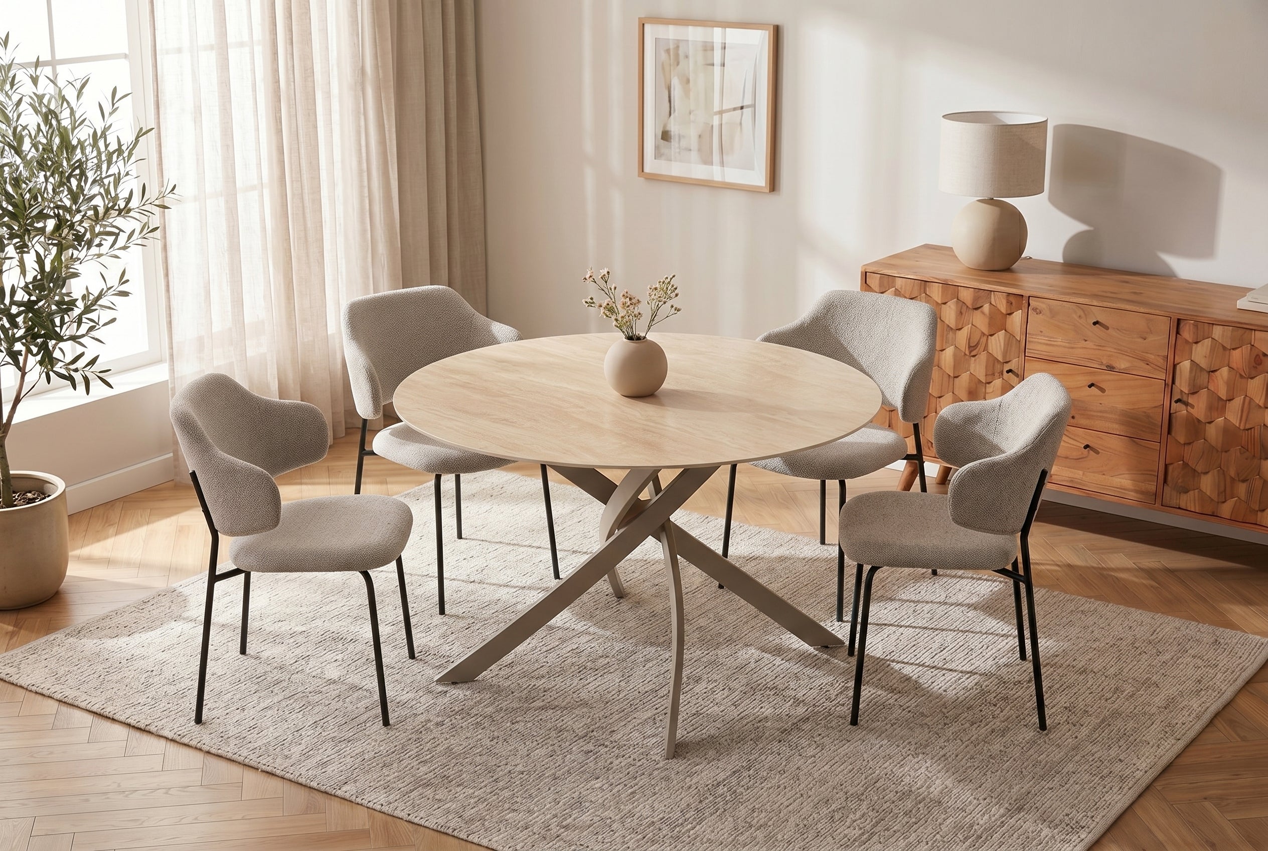Table à manger ronde ALPINE 120cm céramique travertin naturel métal grège champagne