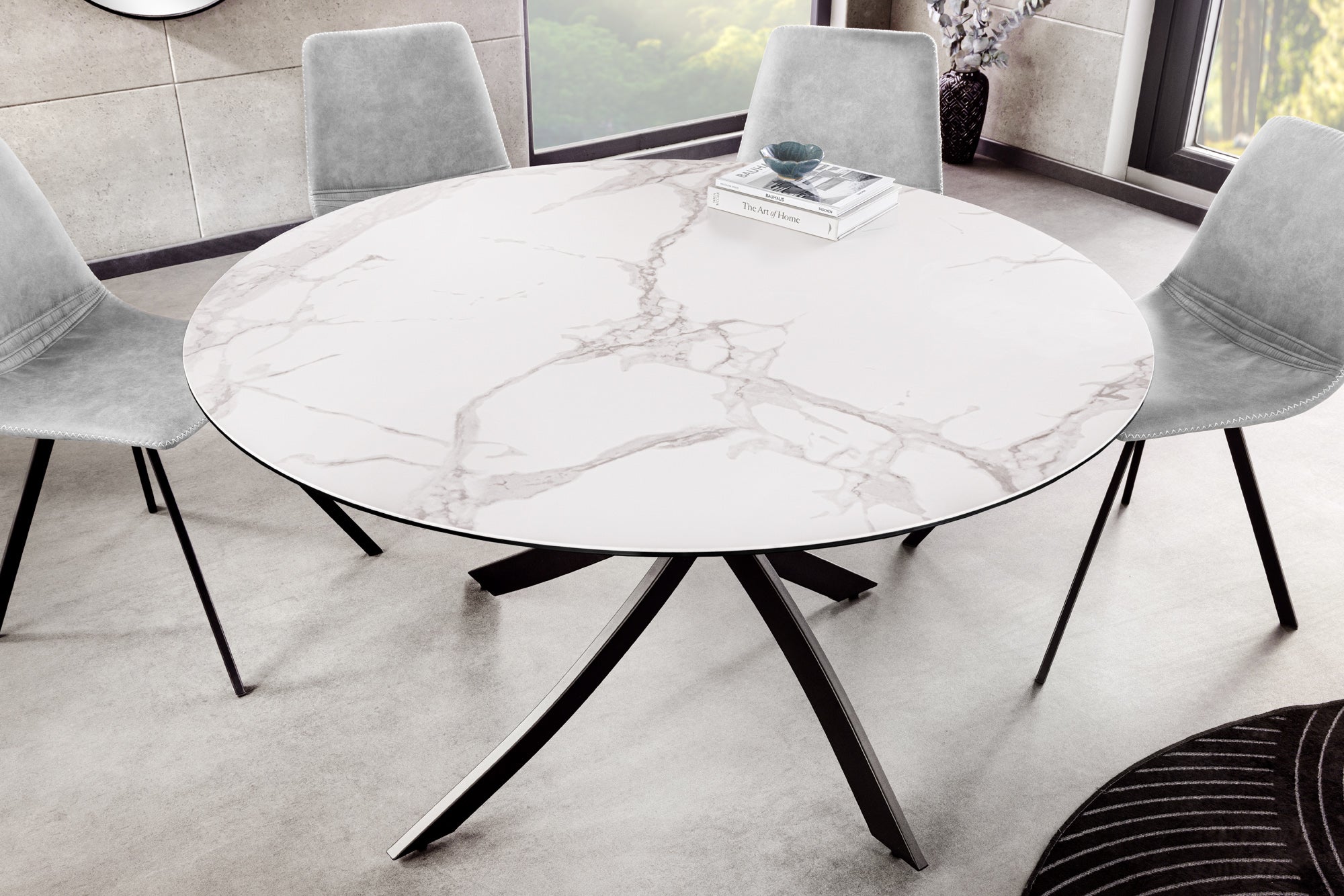 Table à manger ronde ALPINE 120cm marbre blanc céramique structure métal noir