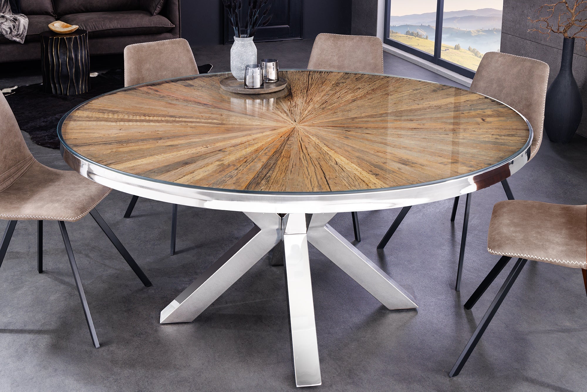 Table à manger ronde BARRACUDA 120cm teck marron bois massif plateau verre acier inoxydable argenté chromé