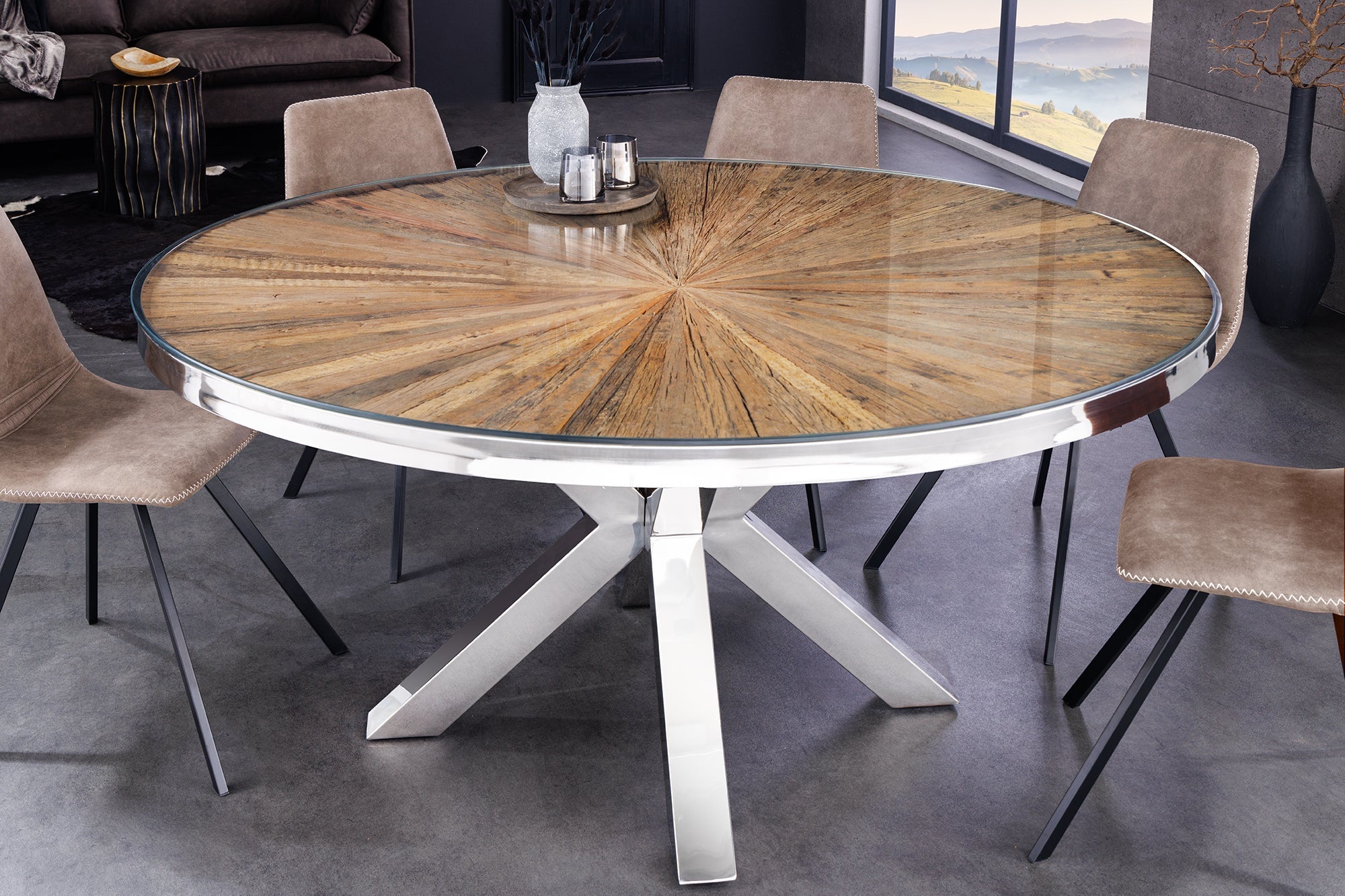 Table à manger ronde BARRACUDA 120cm teck marron bois massif plateau verre acier inoxydable argenté chromé
