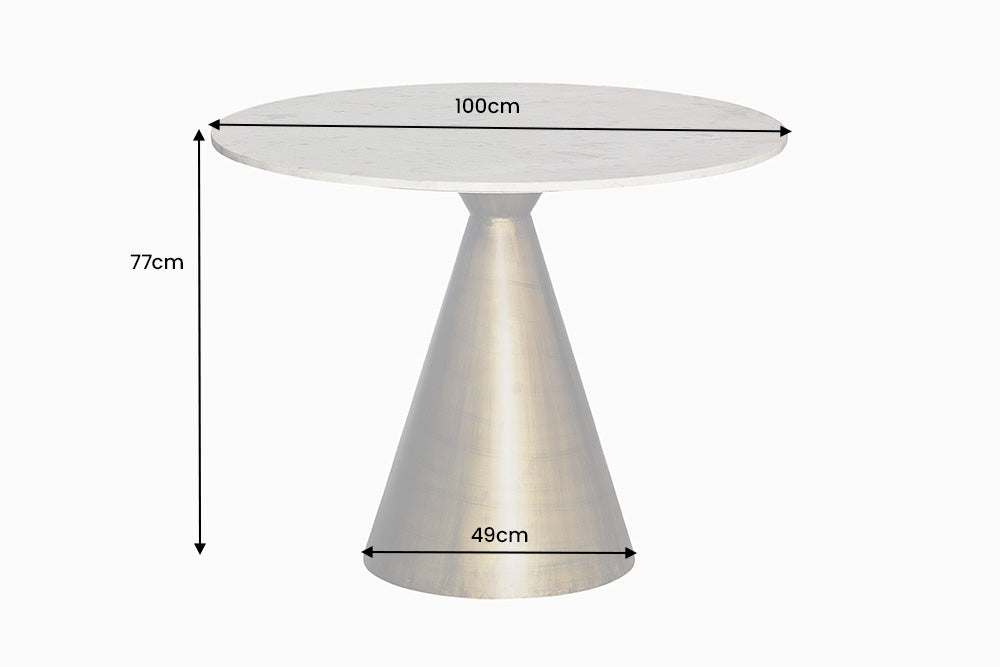 Table à manger ronde ELEGANCIA 100 cm en laiton, marbre blanc et fer avec base pilier