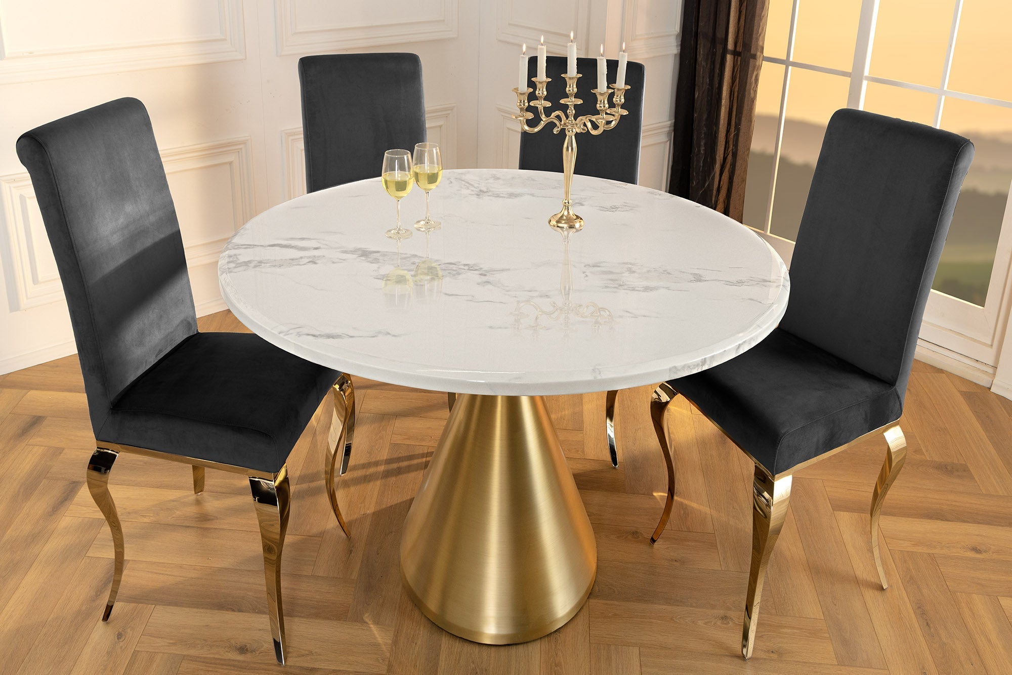 Table à manger ronde ELEGANCIA 130cm en marbre blanc et métal doré avec base colonne
