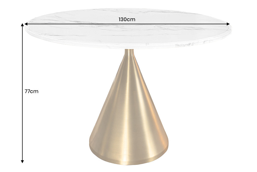 Table à manger ronde ELEGANCIA 130cm en marbre blanc et métal doré avec base colonne