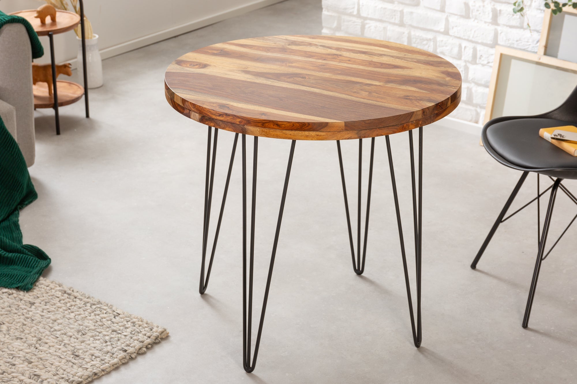 MAKASSAR Mesa de comedor redonda de 80 cm de madera maciza con acabado de piedra Sheesham marrón y patas de pasador