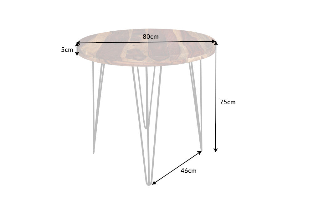 MAKASSAR Mesa de comedor redonda de 80 cm de madera maciza con acabado de piedra Sheesham marrón y patas de pasador