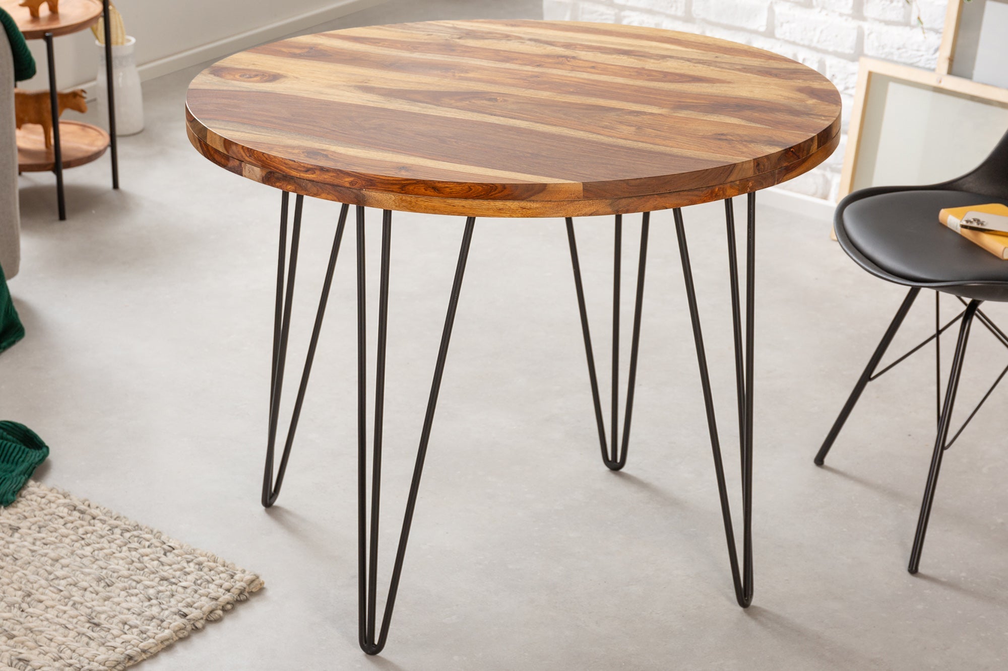 MAKASSAR Mesa de comedor redonda de 80 cm de madera maciza con acabado de piedra Sheesham marrón y patas de pasador