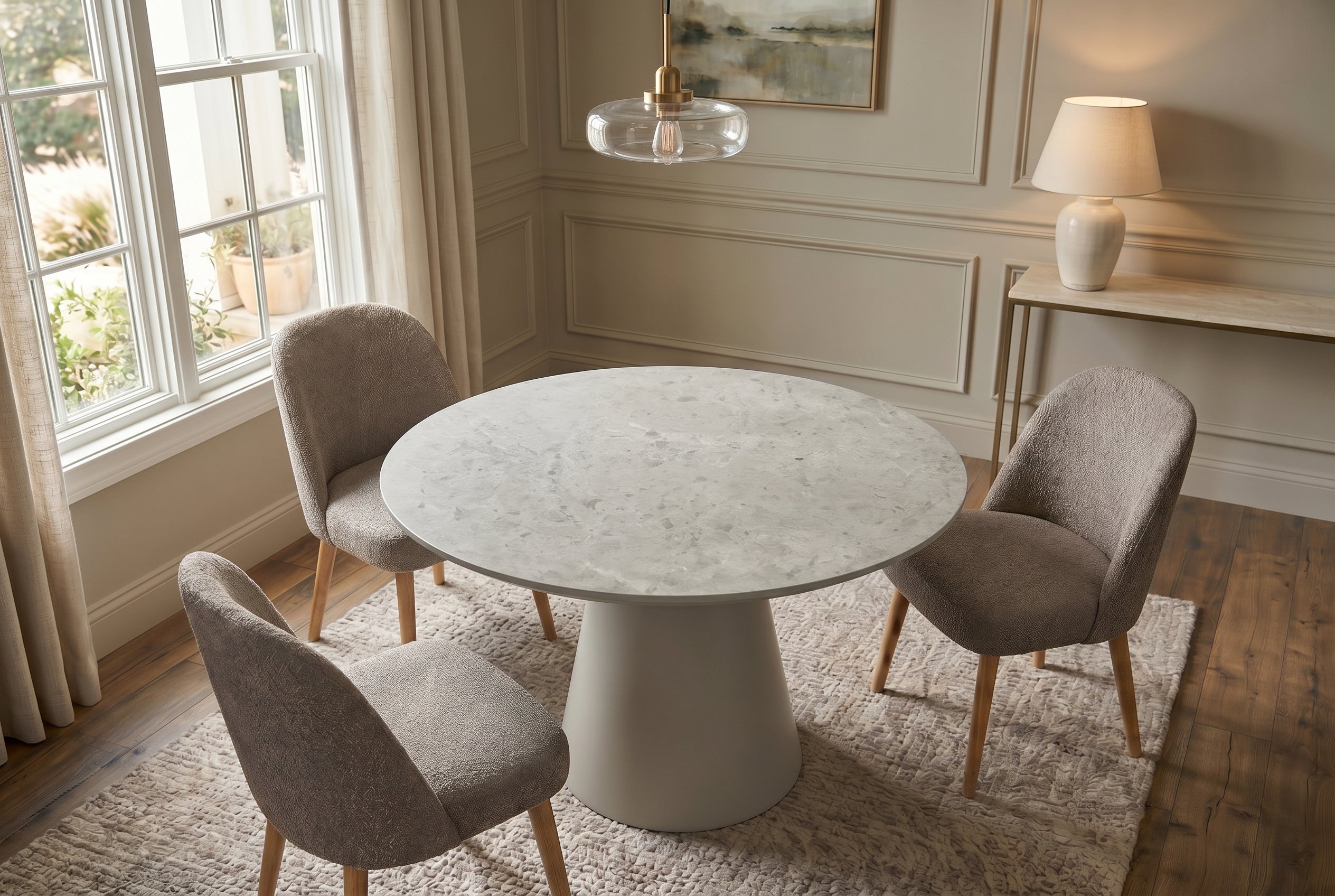 Table à manger ronde EN VOGUE 120cm design béton gris mat avec piètement colonne