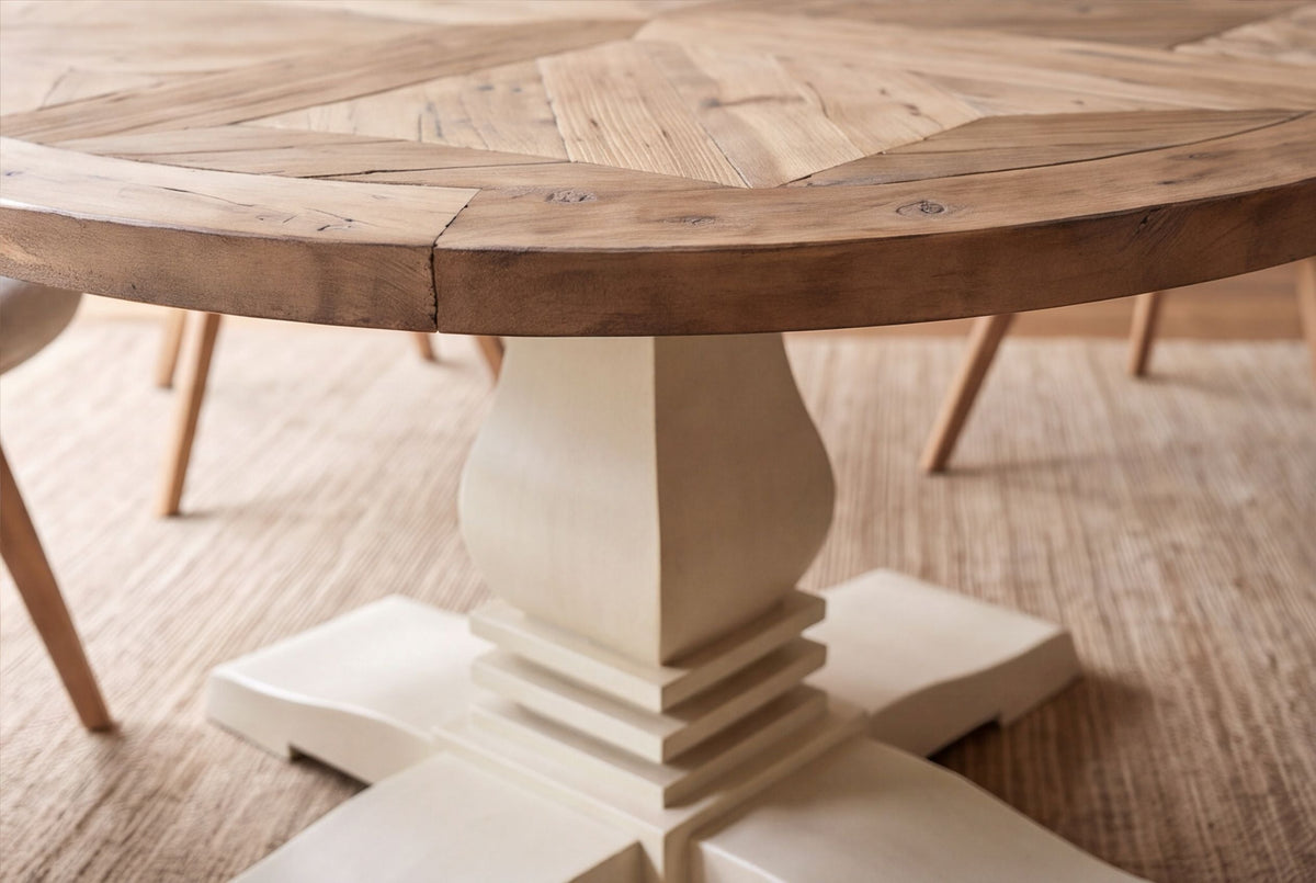 Table à manger ronde HAMPTONS 140cm marron clair crème bois de pin massif recyclé