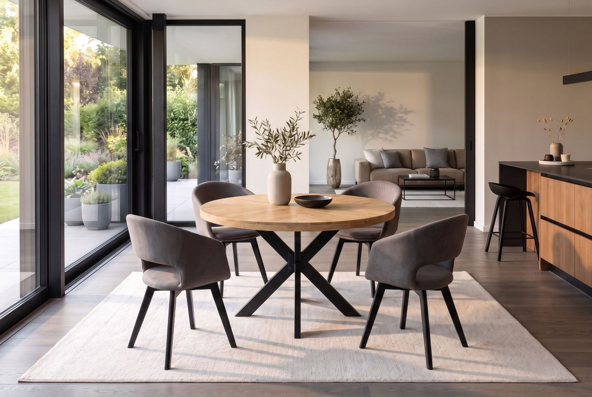 Table à manger ronde INFINITY HOME 120cm finition crème naturelle parquet en manguier noir