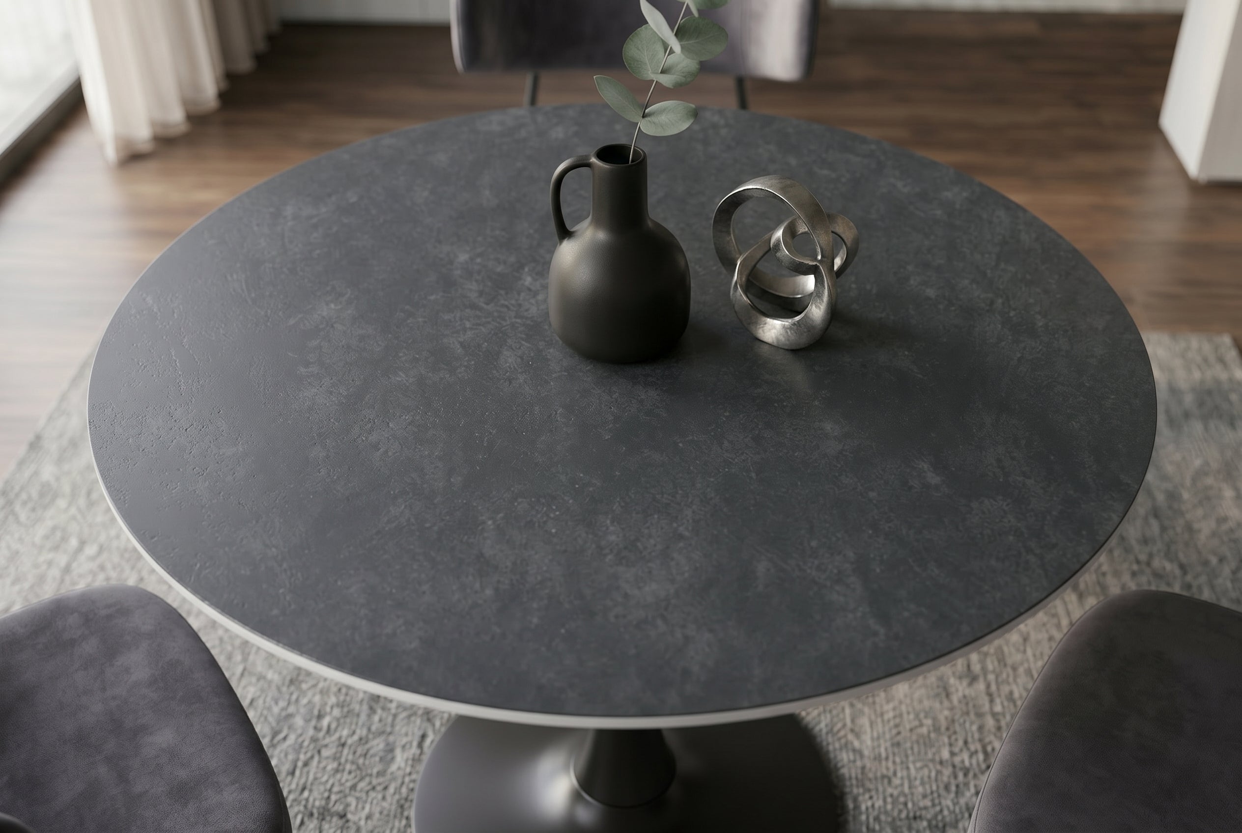 Table à manger ronde LYON 80cm table de bistro en céramique marbre anthracite piètement pilier noir