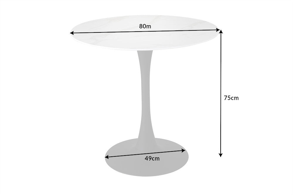 Table à manger ronde LYON 80cm verre blanc design marbre piètement métal noir