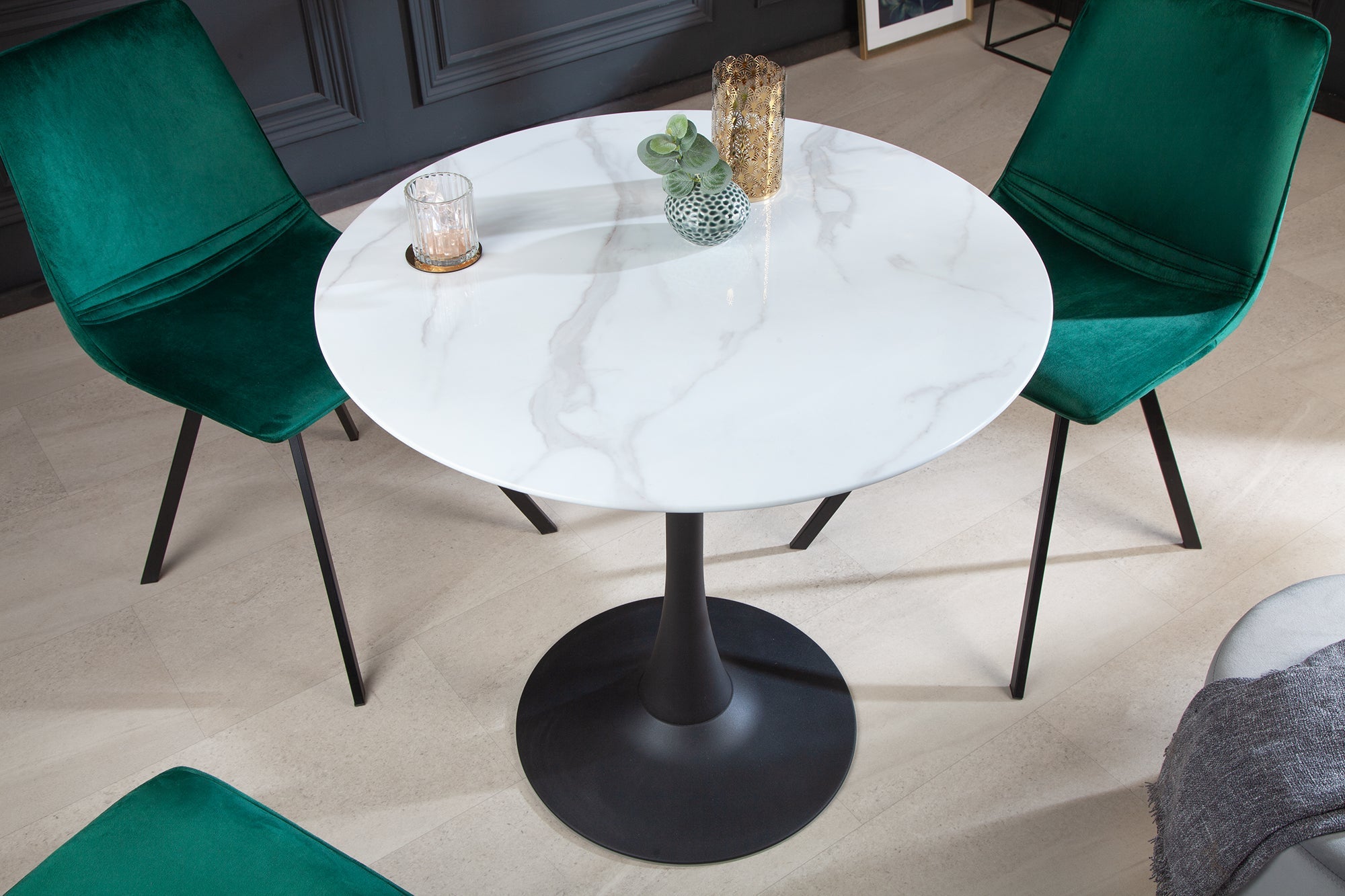 Table à manger ronde LYON 80cm verre blanc design marbre piètement métal noir